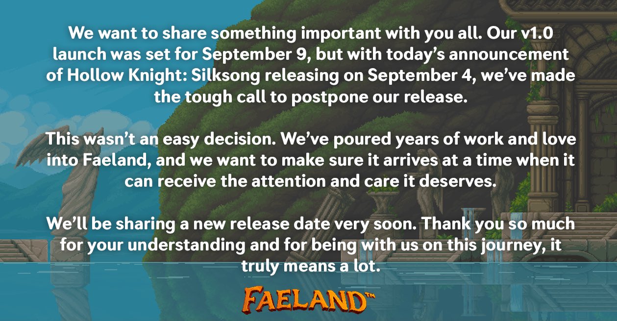 Our v1.0 launch was set for Sept 9, but with today&rsquo;s Silksong news we&rsquo;ve made the tough call to postpone. A new date is coming soon, thank you all for the love and support ❤️