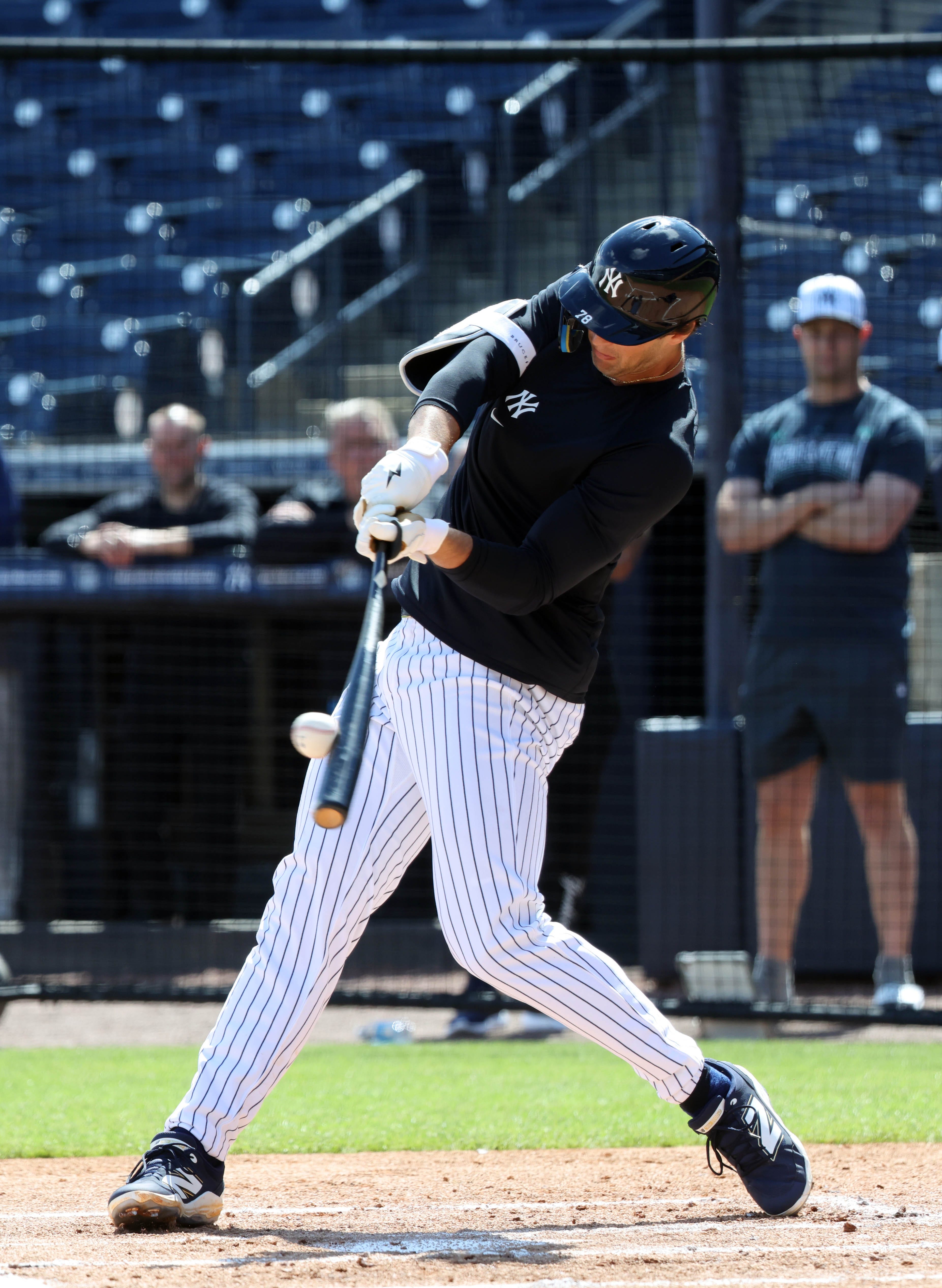 Feb 20, 2025; Tampa, FL, USA; New York Yankees outfielder Spencer Jones (78) bats during work outs at George M. Steinbrenner Field. Mandatory Credit: Kim Klement Neitzel-Imagn Images