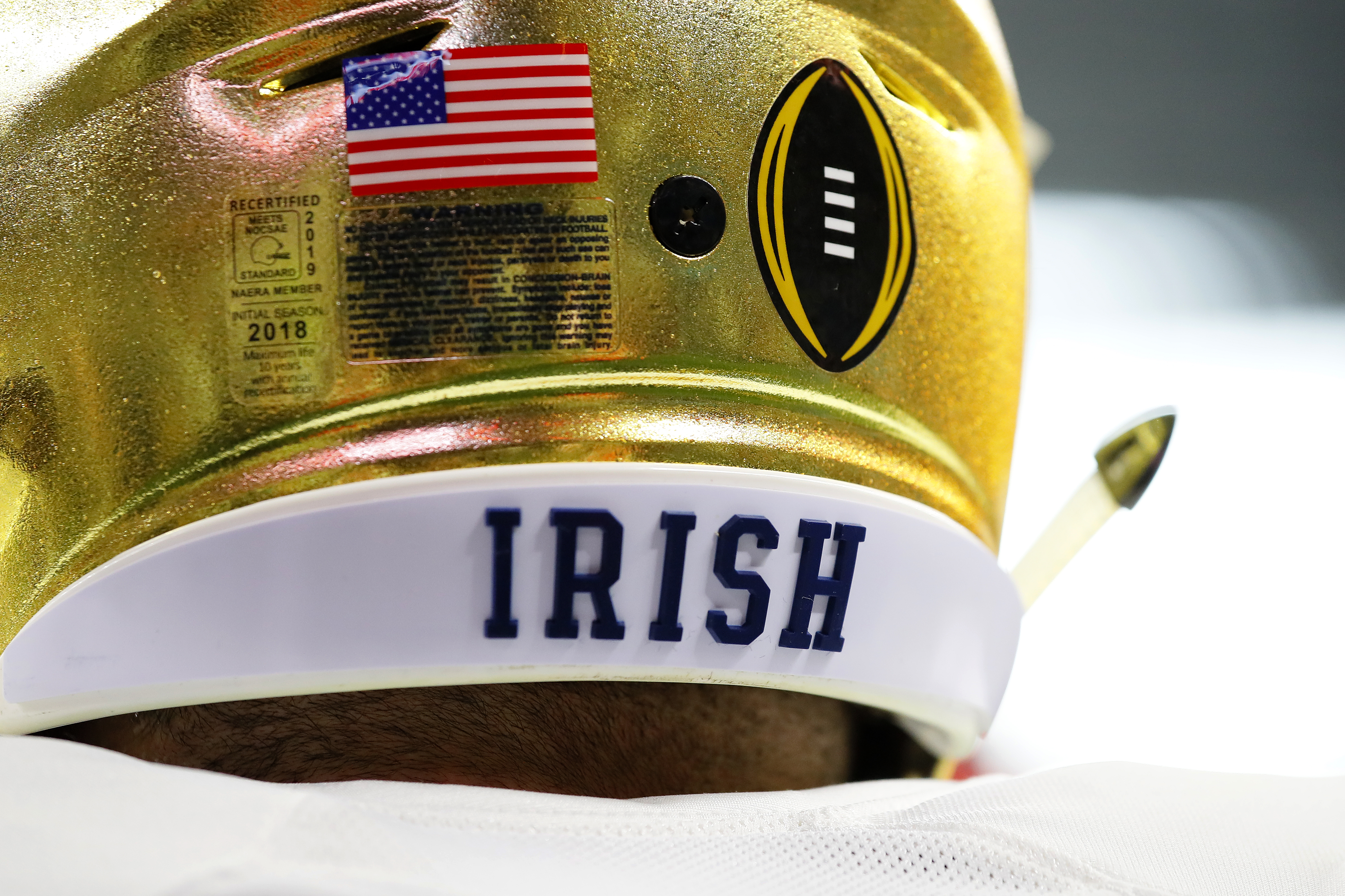 ARLINGTON, TEXAS - DECEMBER 29: A detail view of a Notre Dame Fighting Irish players helmet showing the CFP logo during the College Football Playoff Semifinal Goodyear Cotton Bowl Classic against the Clemson Tigers at AT&T Stadium on December 29, 2018 in Arlington, Texas. (Photo by Kevin C. Cox/Getty Images)