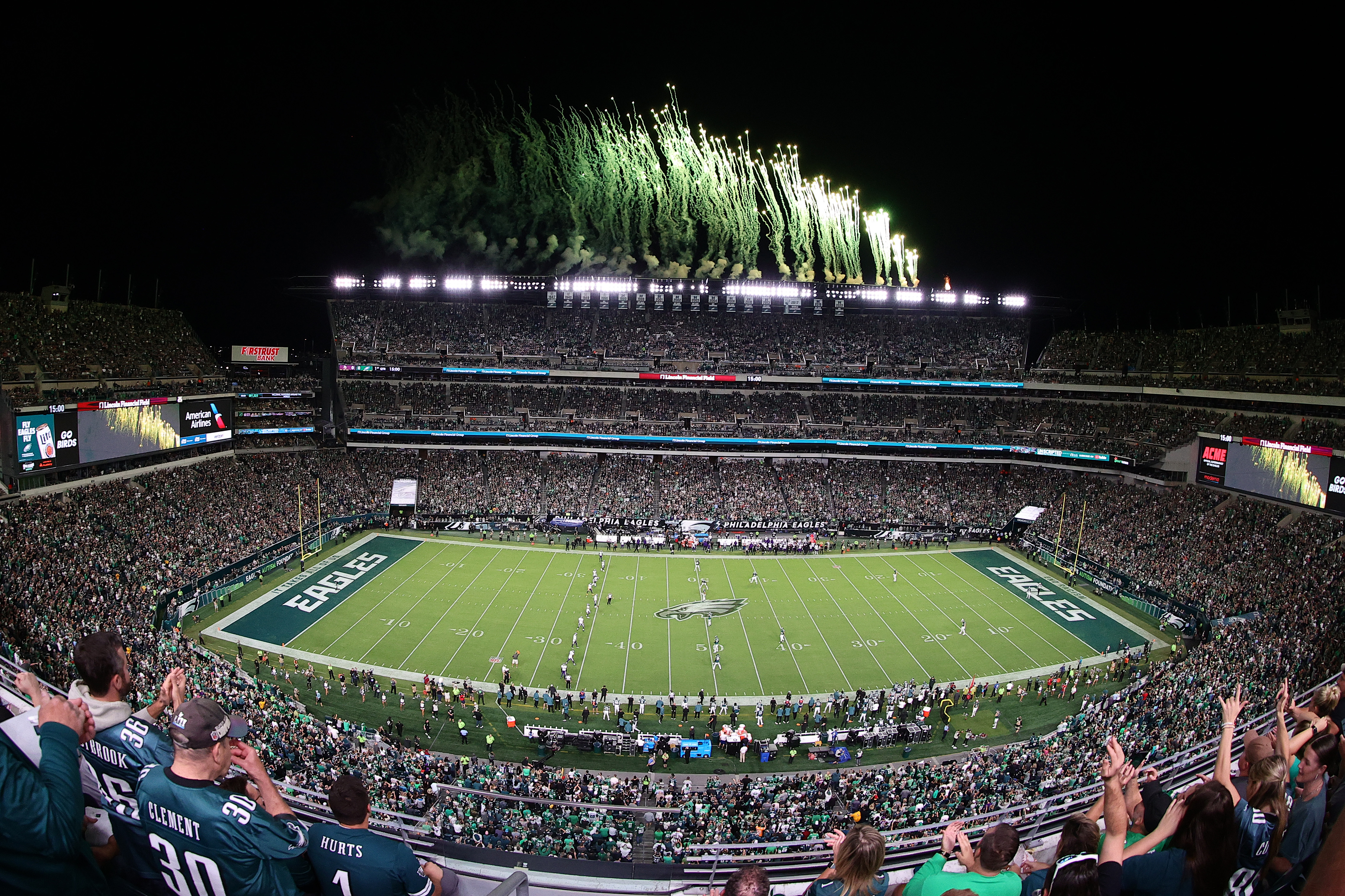 PHILADELPHIA, PENNSYLVANIA - SEPTEMBER 14: A general view of fireworks prior to the start of the game between the Minnesota Vikings and the Philadelphia Eagles at Lincoln Financial Field on September 14, 2023 in Philadelphia, Pennsylvania. (Photo by Tim Nwachukwu/Getty Images)