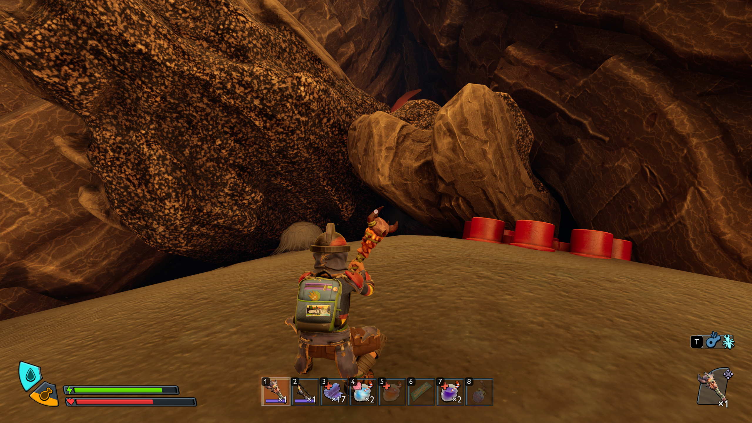 Grounded 2 Sizzling Key: A character crouched on a rock, holding a club, while looking at a small nook between two tree roots, with bark and a pop-cap wedged in.