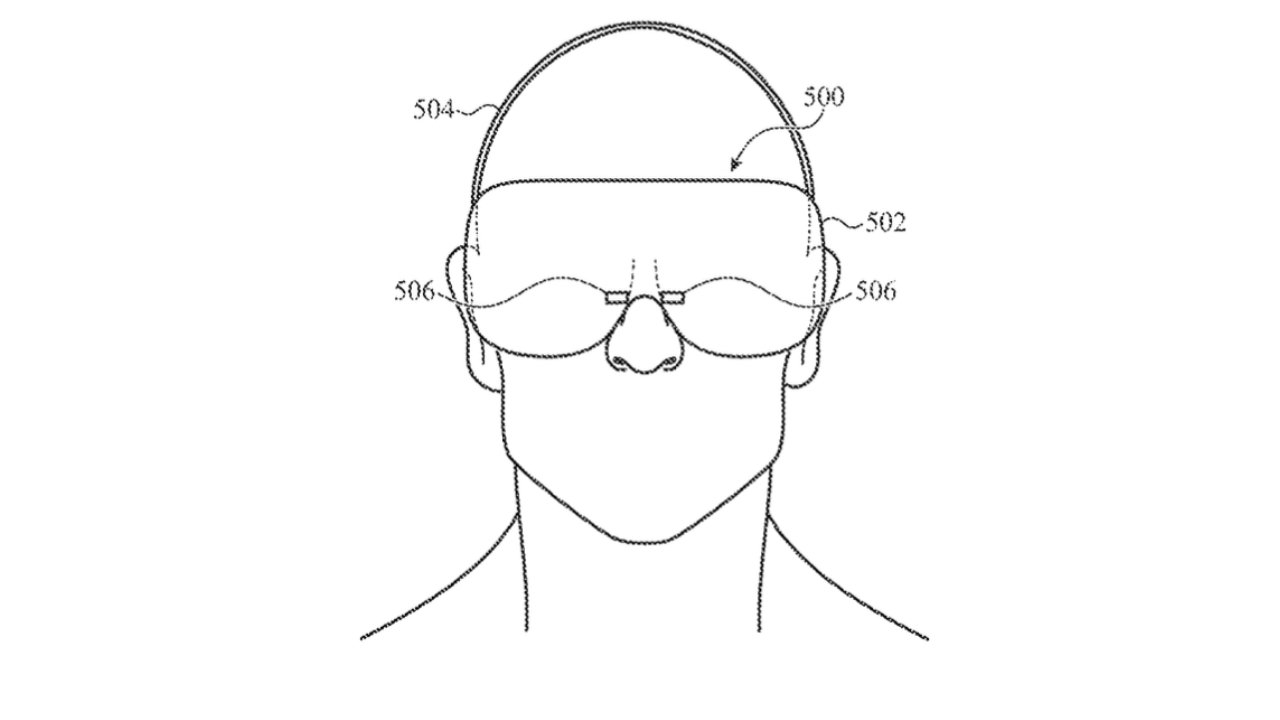 Line drawing of a head wearing a virtual reality headset with labeled parts including lenses, frame, and sensors.