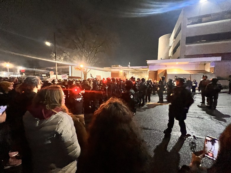 Local Portland police cleared protesters from the road in front of the South Waterfront ICE facility in Portland, Oregon. Photo by Shane Burley.