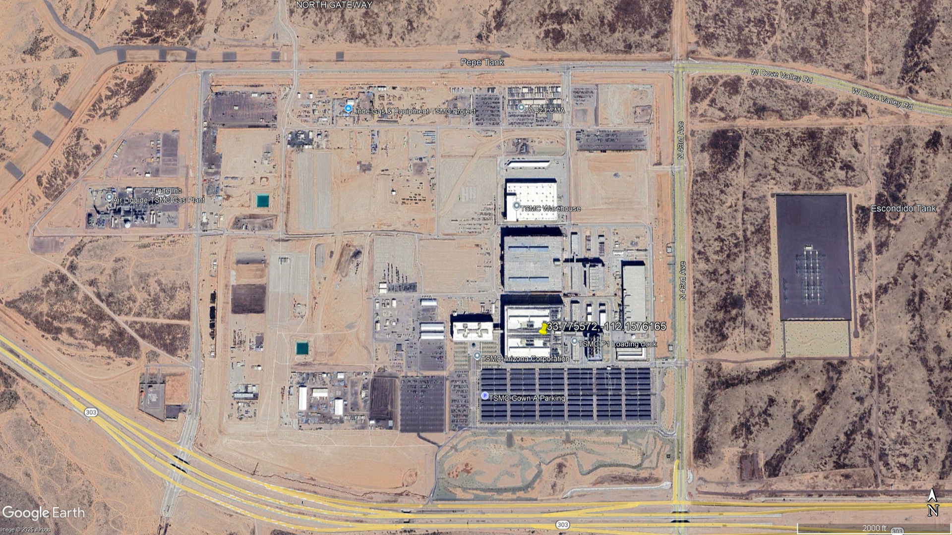 A satellite image of TSMC's Arizona plant, taken in 2025.