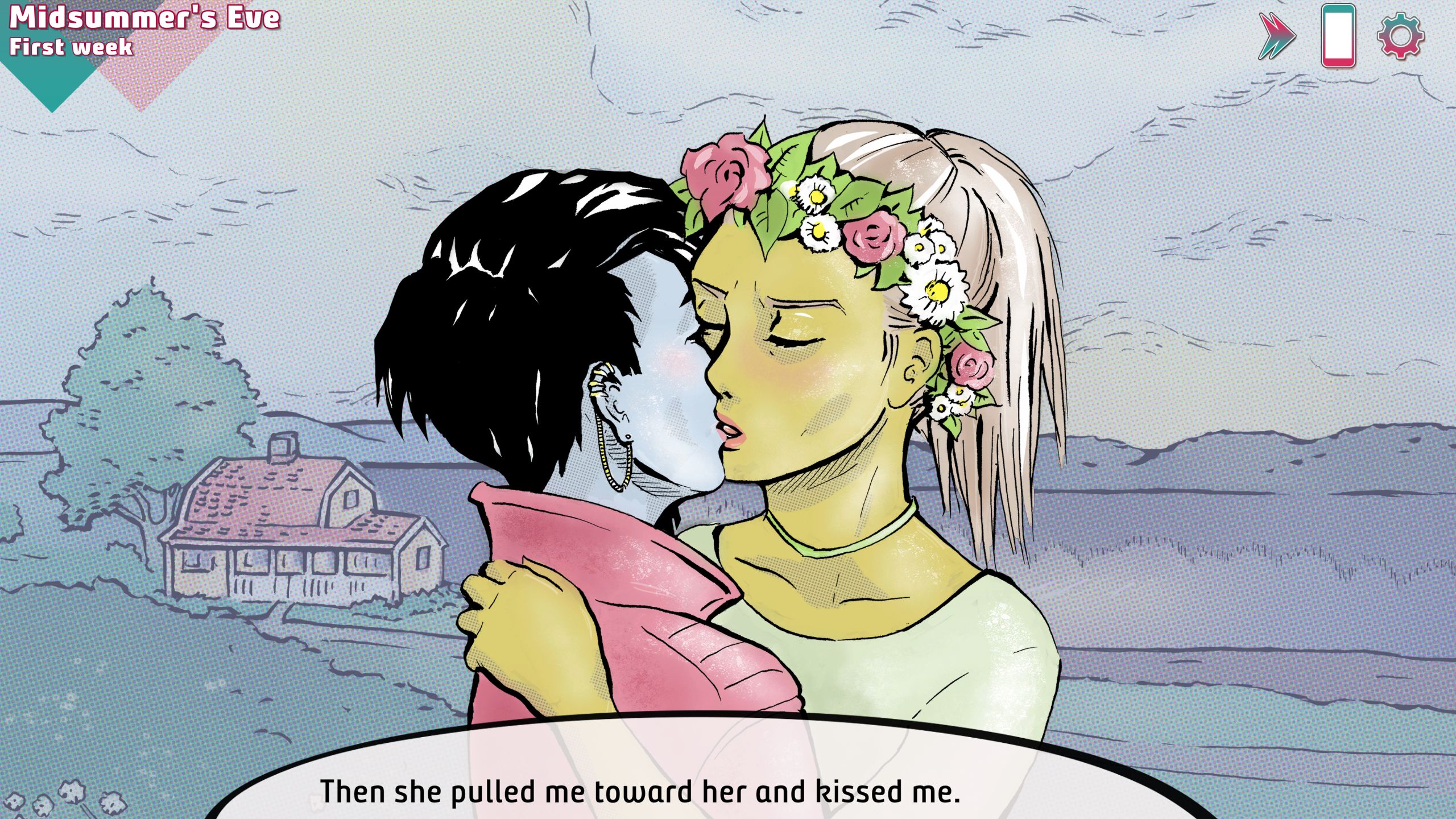 Kissing a woman with flowers in her hair