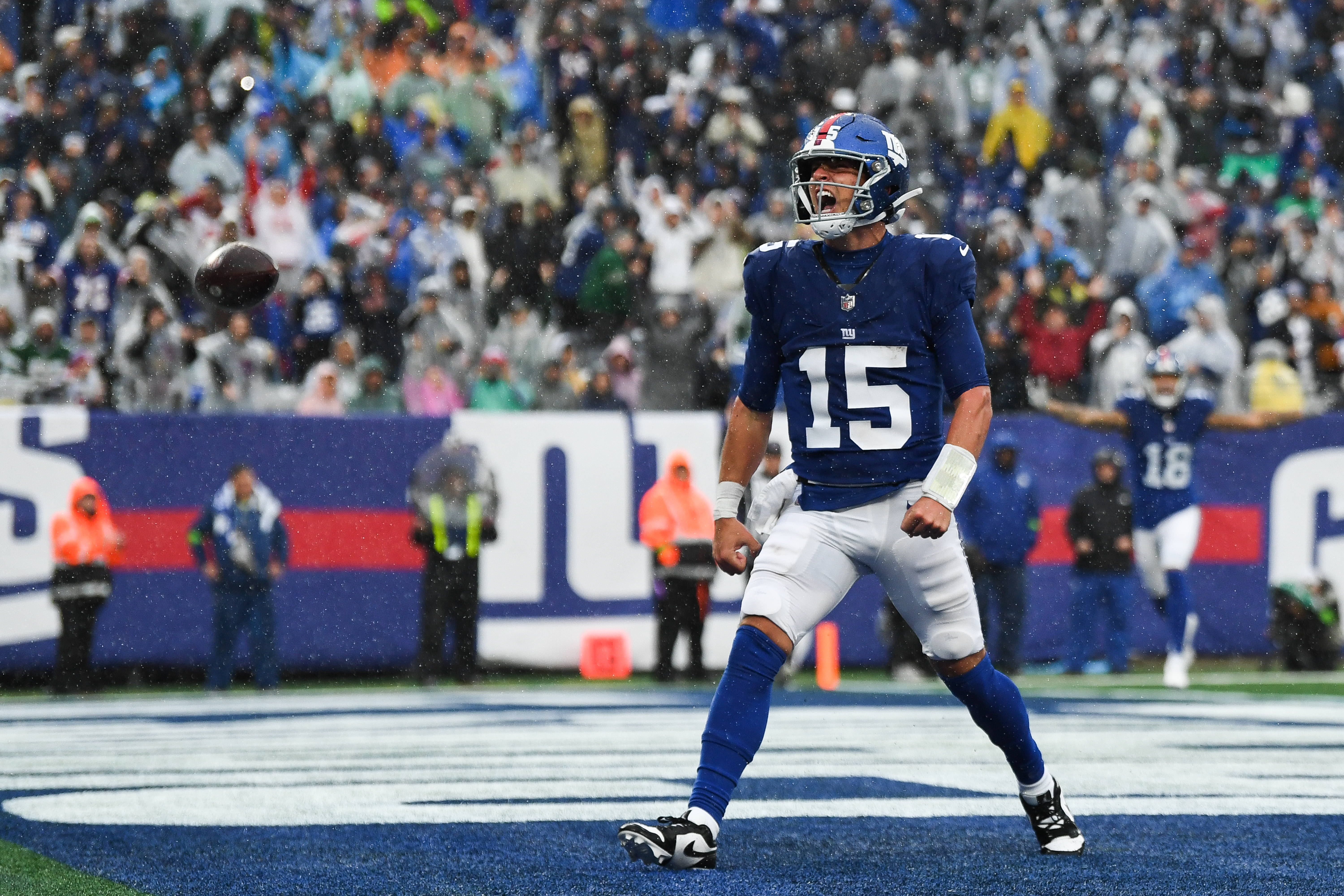 EAST RUTHERFORD, NJ - OCTOBER 29: Tommy DeVito #15 of the New York Giants celebrates after scoring a touchdown during the second half of the game against the New York Jets at MetLife Stadium on October 29, 2023 in East Rutherford, New Jersey. (Photo by Kathryn Riley/Getty Images)