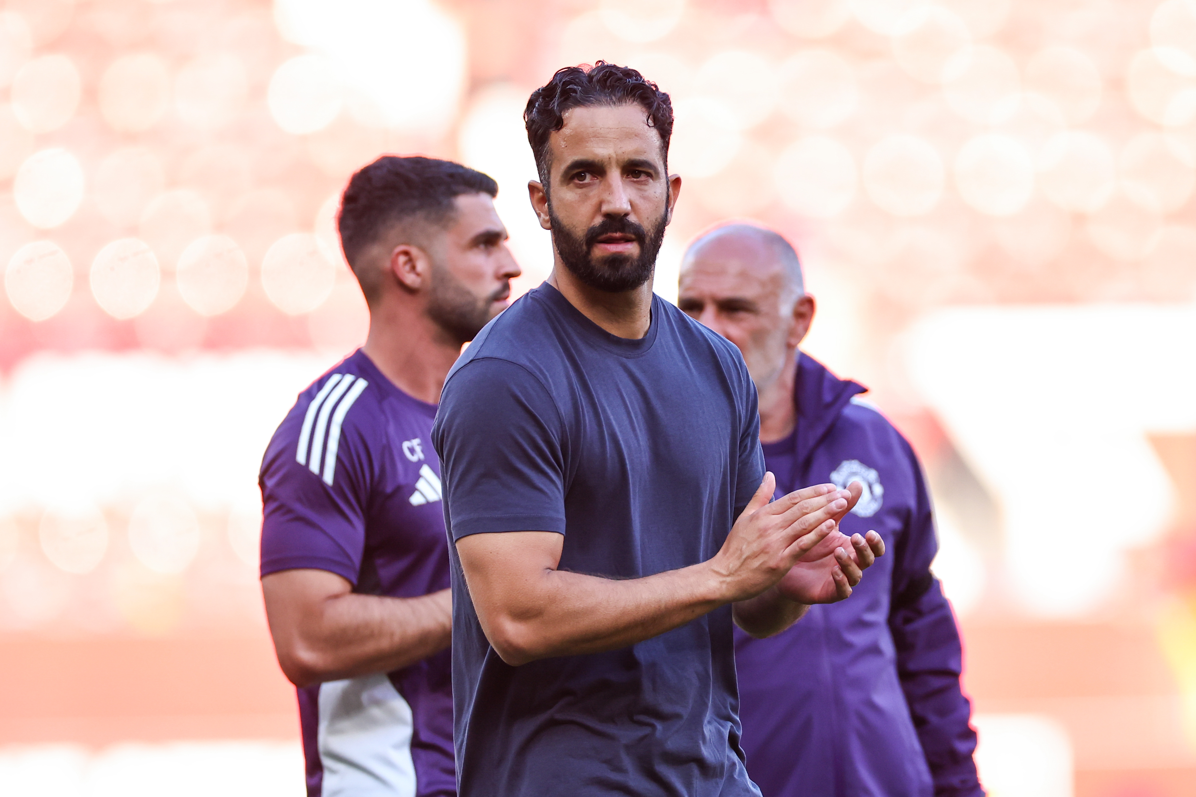 MANCHESTER, ENGLAND - AUGUST 17: Ruben Amorim the head coach / manager of Manchester United applauds at full time during the Premier League match between Manchester United and Arsenal at Old Trafford on August 17, 2025 in Manchester, England. (Photo by Robbie Jay Barratt - AMA/Getty Images)