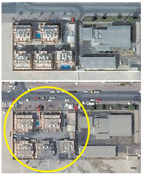 多哈多个建筑遭以军空袭前后卫星对比图像。黄圈中为受损建筑。
