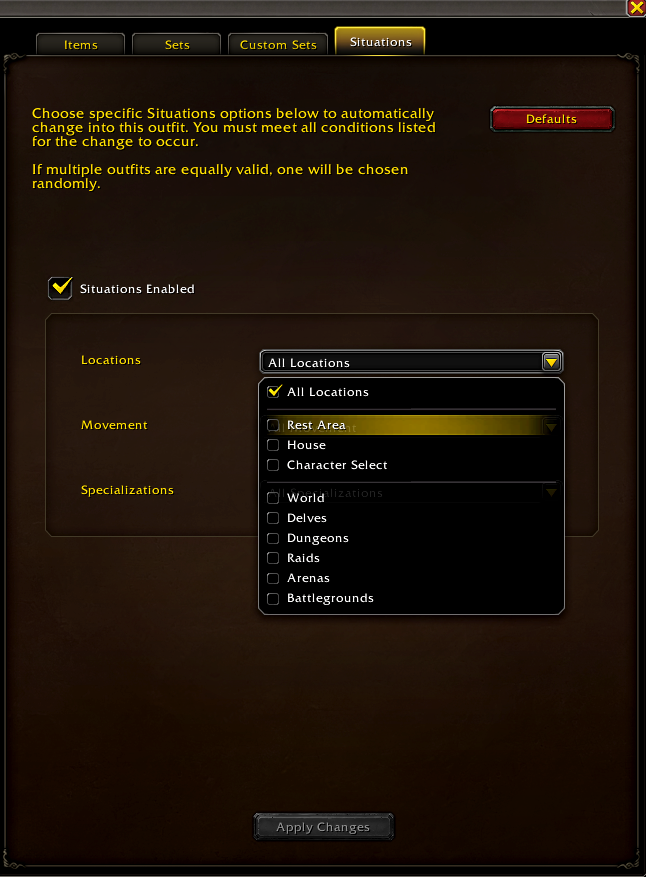 A Situations screen in World of Warcraft, displaying options for contextual application of transmogs.