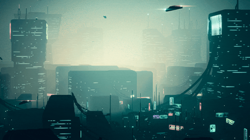 Gif of a foggy cyberpunk city