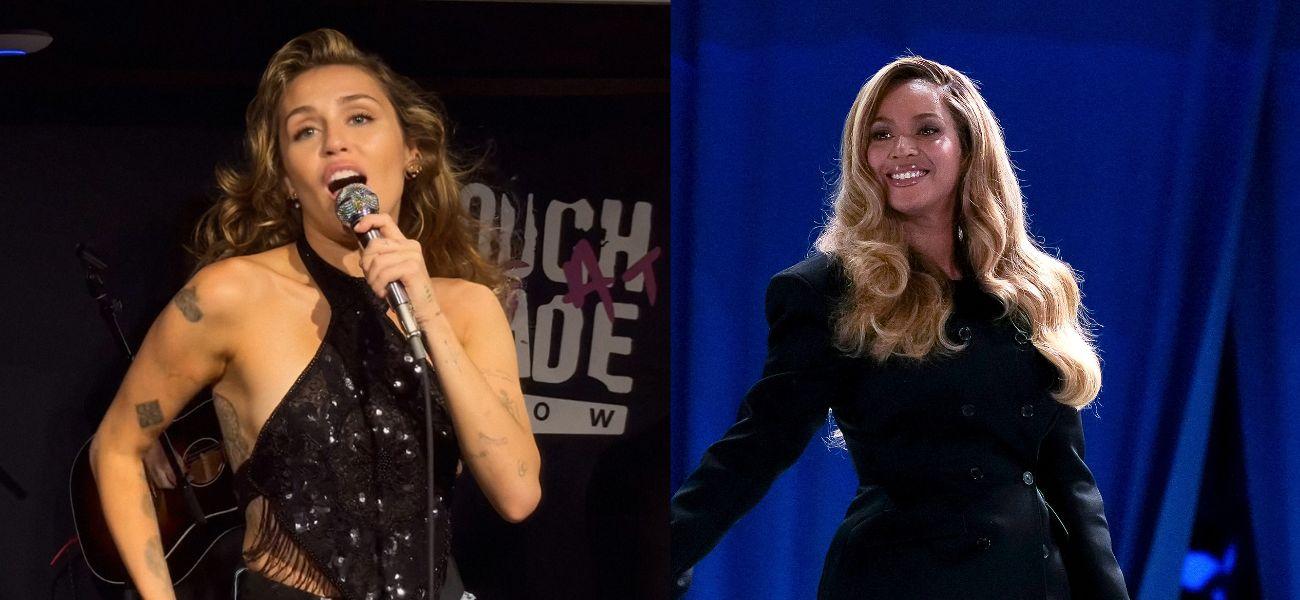 Photo collage of Miley Cyrus and Beyonc&eacute;.