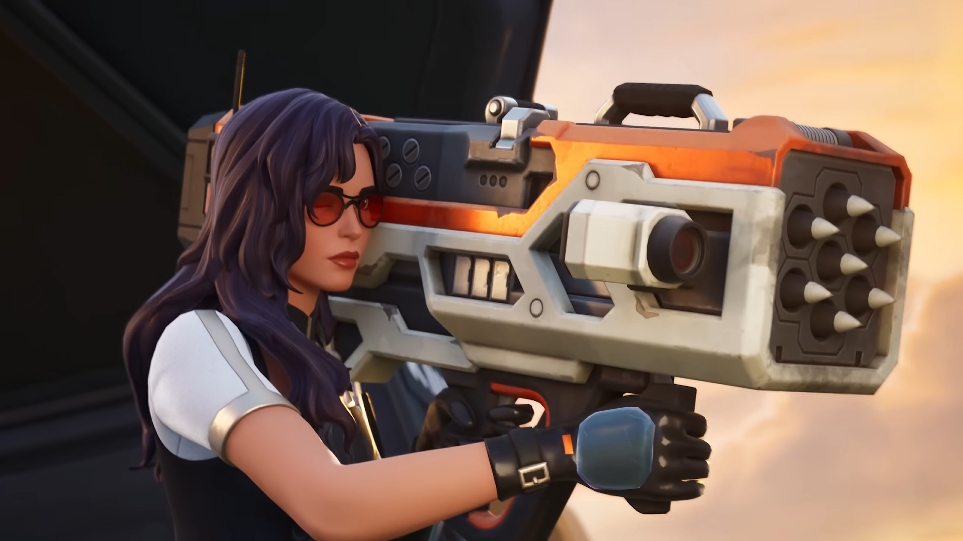 a fortnite character holds a large rocket launcher
