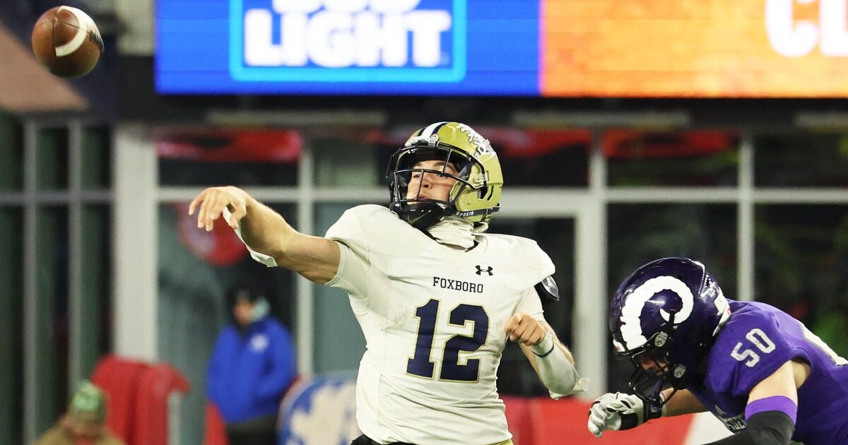 Foxboro quarterback Cam DeLeskey passes the football against Shawsheen at Gillette Stadium on Friday, Dec. 5, 2025 in the MIAA Division 5 Super Bowl.