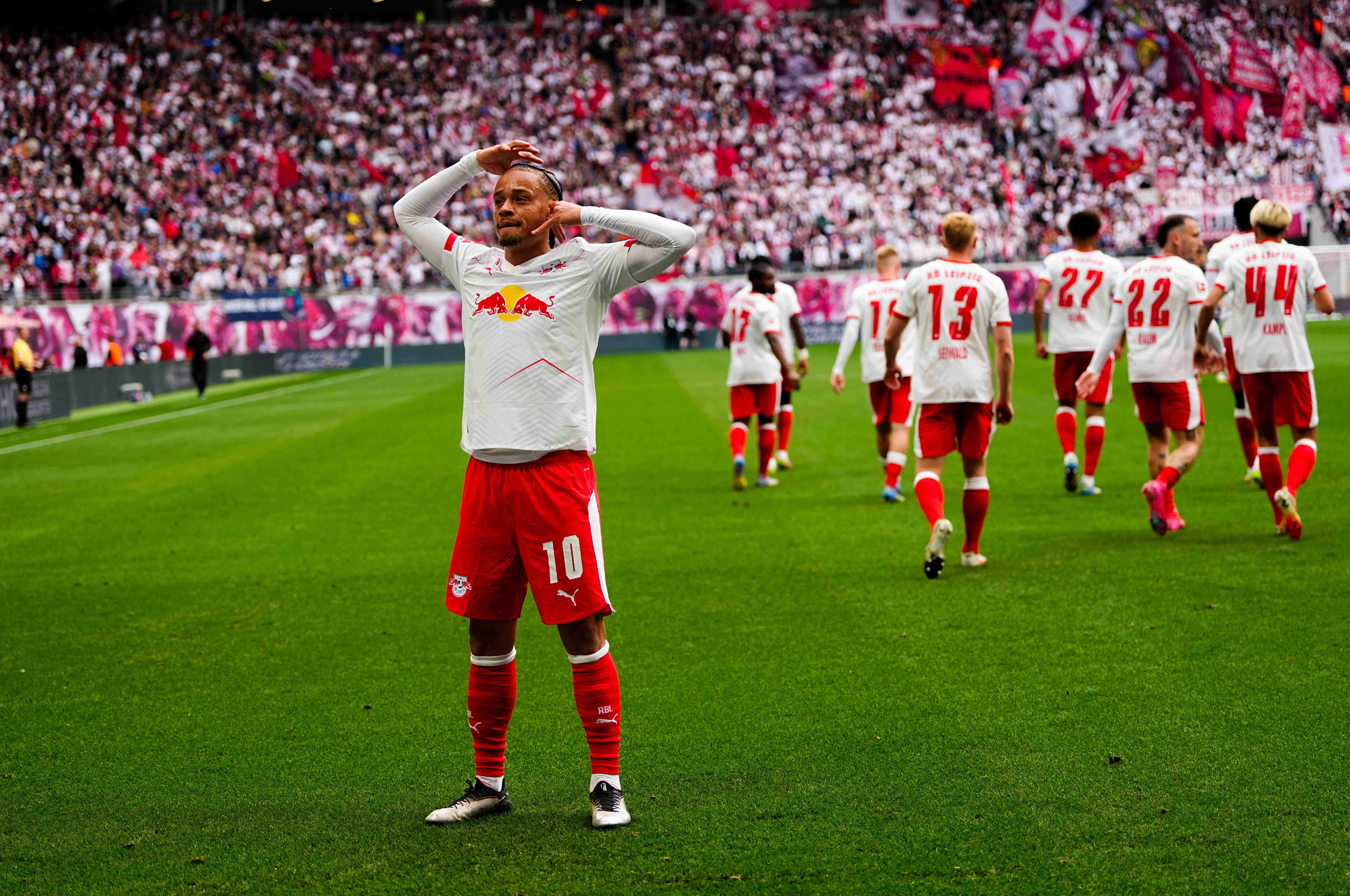 Xavi Simons of RB Leipzig celebrate during the 1. Bundesliga match between RB Leipzig and VfB Stuttgart at Red Bull arena, Leipzig, Germany on May 17, 2025. (Photo by Ulrik Pedersen/NurPhoto via Getty Images)