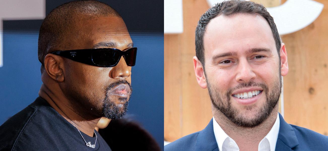 A photo collage of Kanye West and Scooter Braun