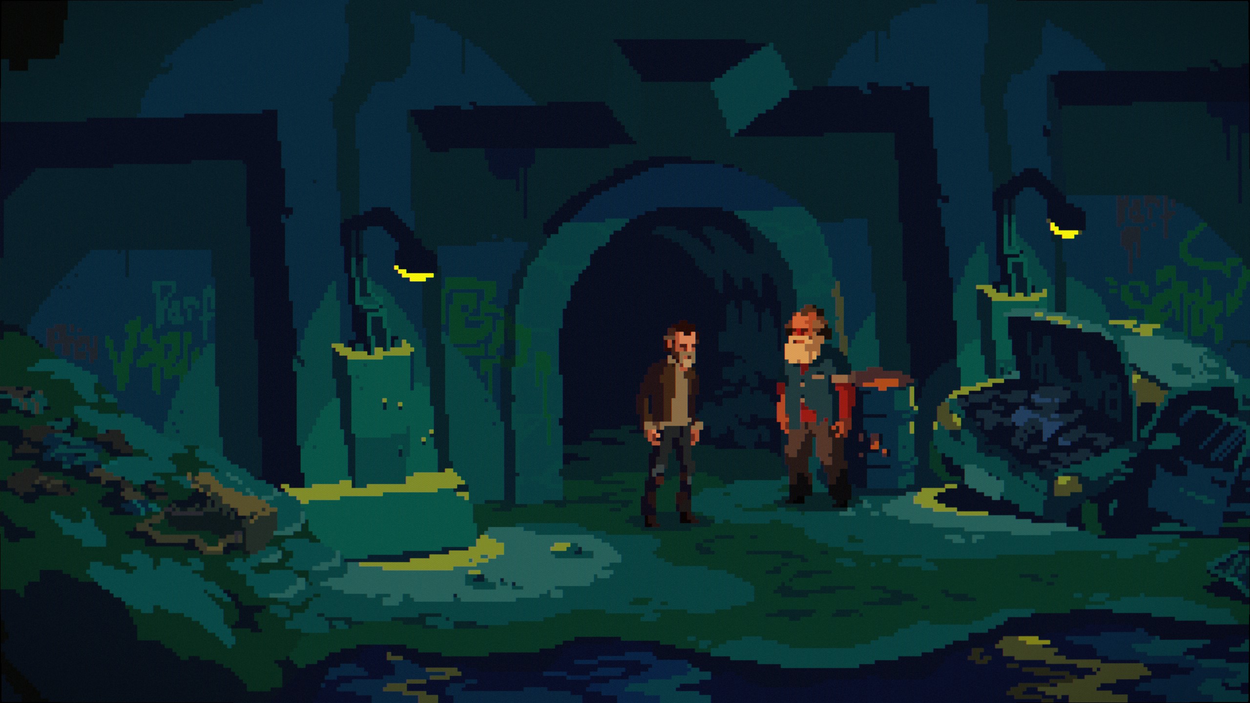 Two homeless men talk by a burning bin