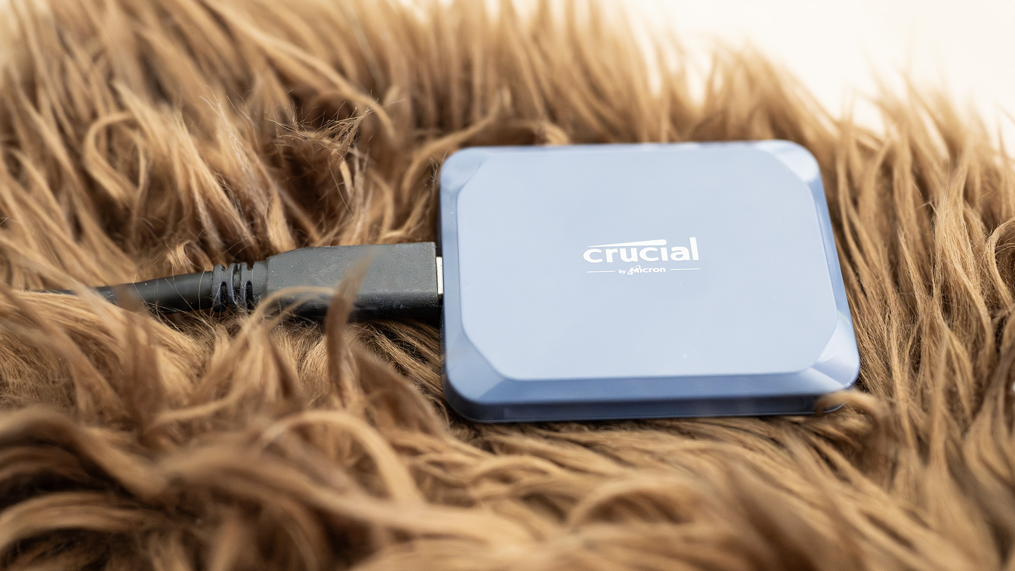 A Crucial X10 external SSD in blue with USB Type-C connector cable.