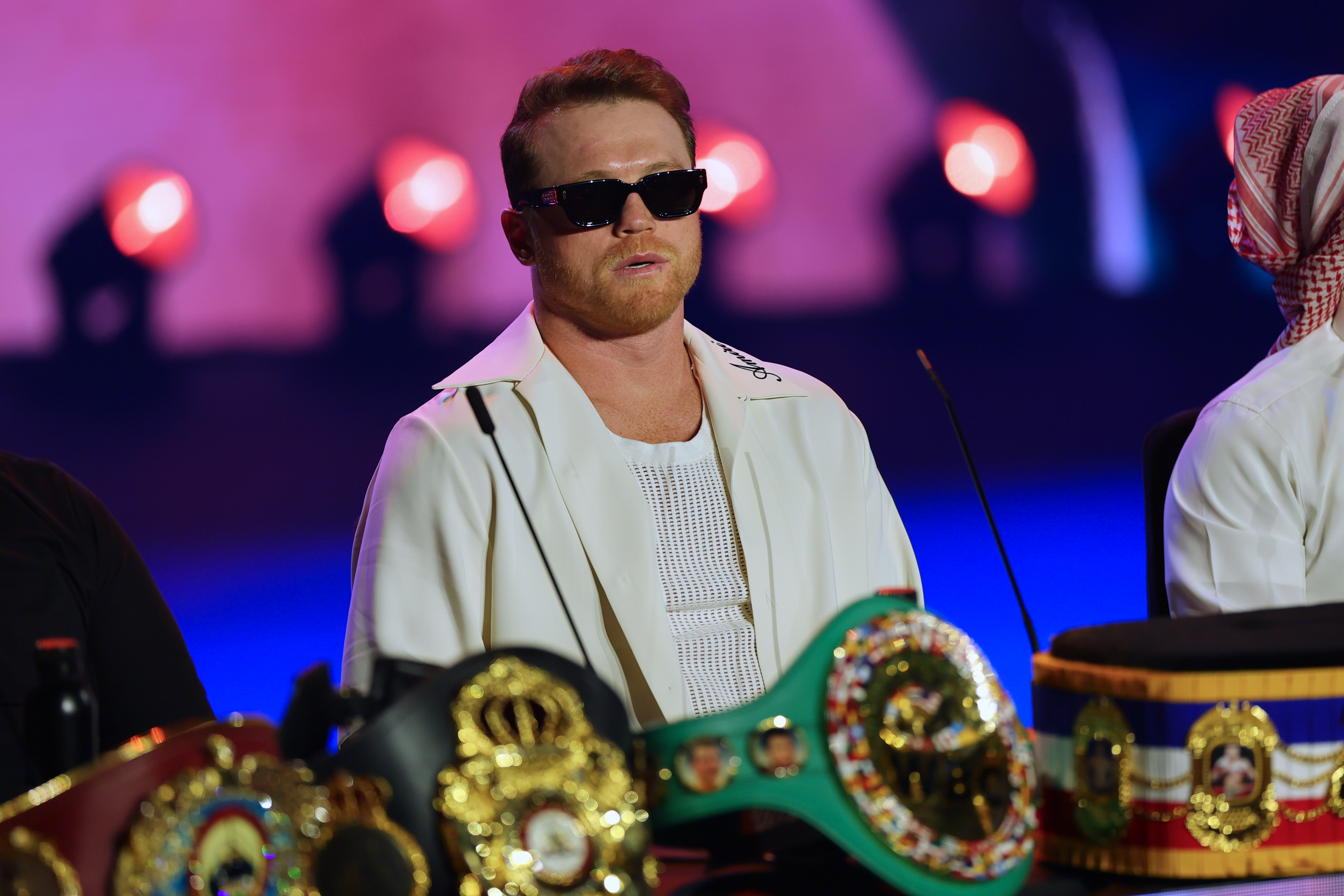 RIYADH, SAUDI ARABIA - JUNE 20: Saul Canelo Alvarez attends the press conference prior to the super middleweight title fight between Saul Canelo Alvarez and Terence Crawford in Blvd City, Bakr Al Sheddi Theatre on June 20, 2025 in Riyadh, Saudi Arabia. (Photo by Abdullah Ahmed/Getty Images)