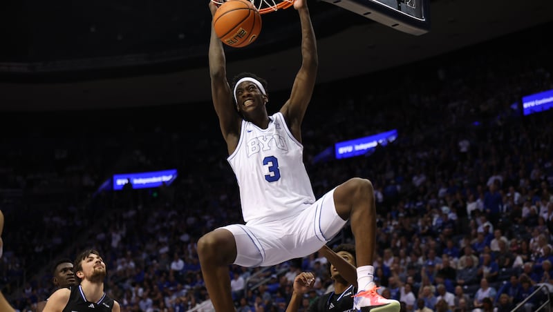 BYU forward AJ Dybantsa dunks against Delaware at the Marriott Center on Nov. 11, 2025.