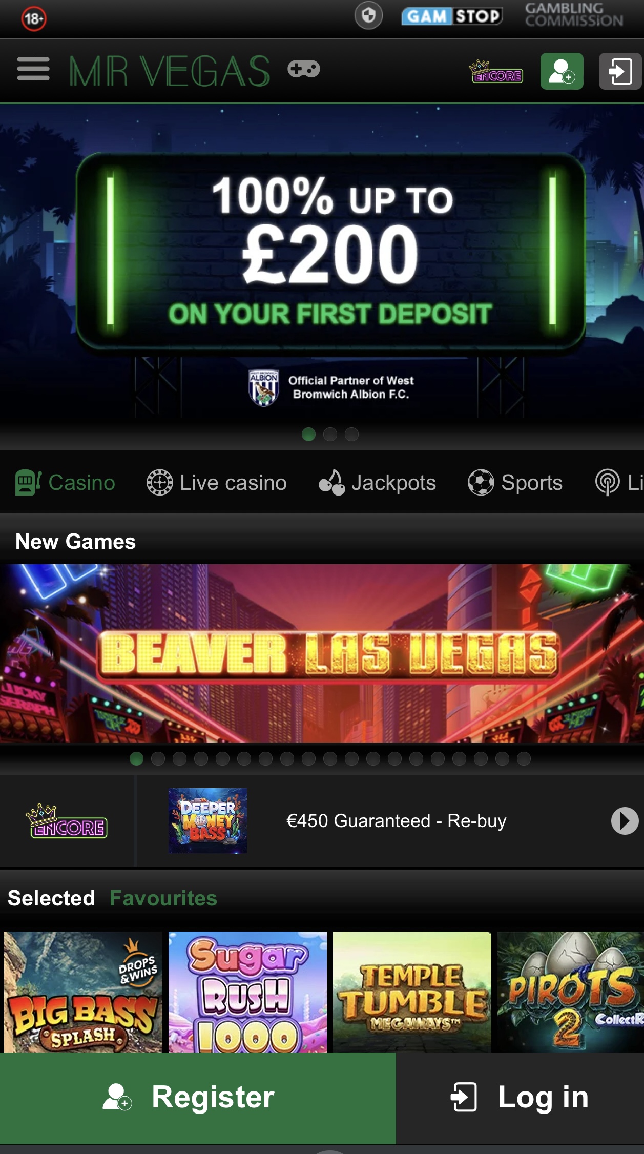 Mr Vegas casino homepage with games and a 100% up to &pound;200 deposit bonus offer.
