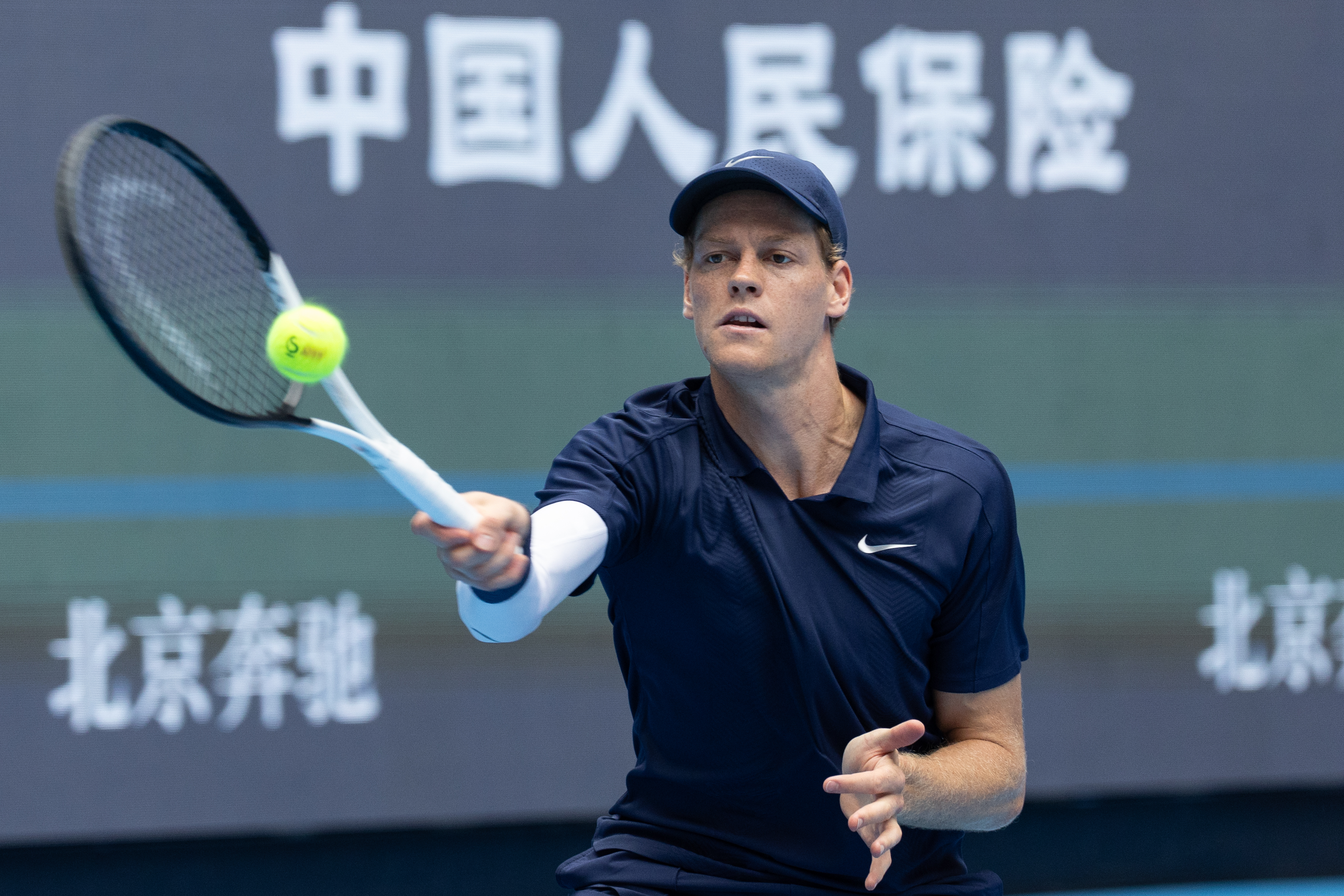 epa12419042 Jannik Sinner of Italy in action against Learner Tien of the USA during the men's singles final at the China Open tennis tournament in Beijing, China, 01 October 2025. EPA/JESSICA LEE