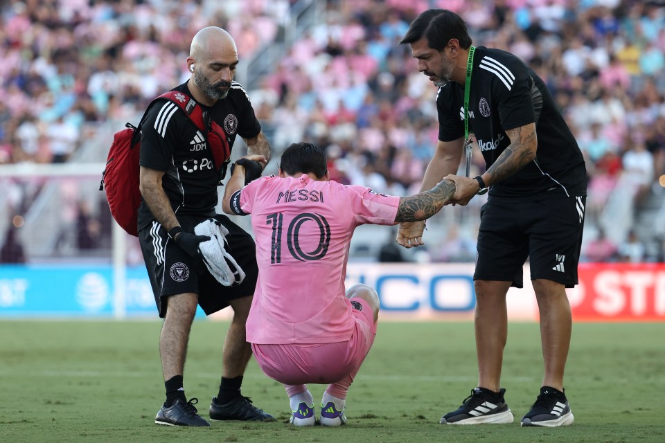 FORT LAUDERDALE, FLORIDA - AUGUST 02: Lionel Messi #10 of Inter Miami CF goes down injured during the Leagues Cup Phase One match between Inter Miami CF and Club Necaxa at Chase Stadium on August 2, 2025 in Fort Lauderdale, Florida. (Photo by Leonardo Fernandez/Getty Images)