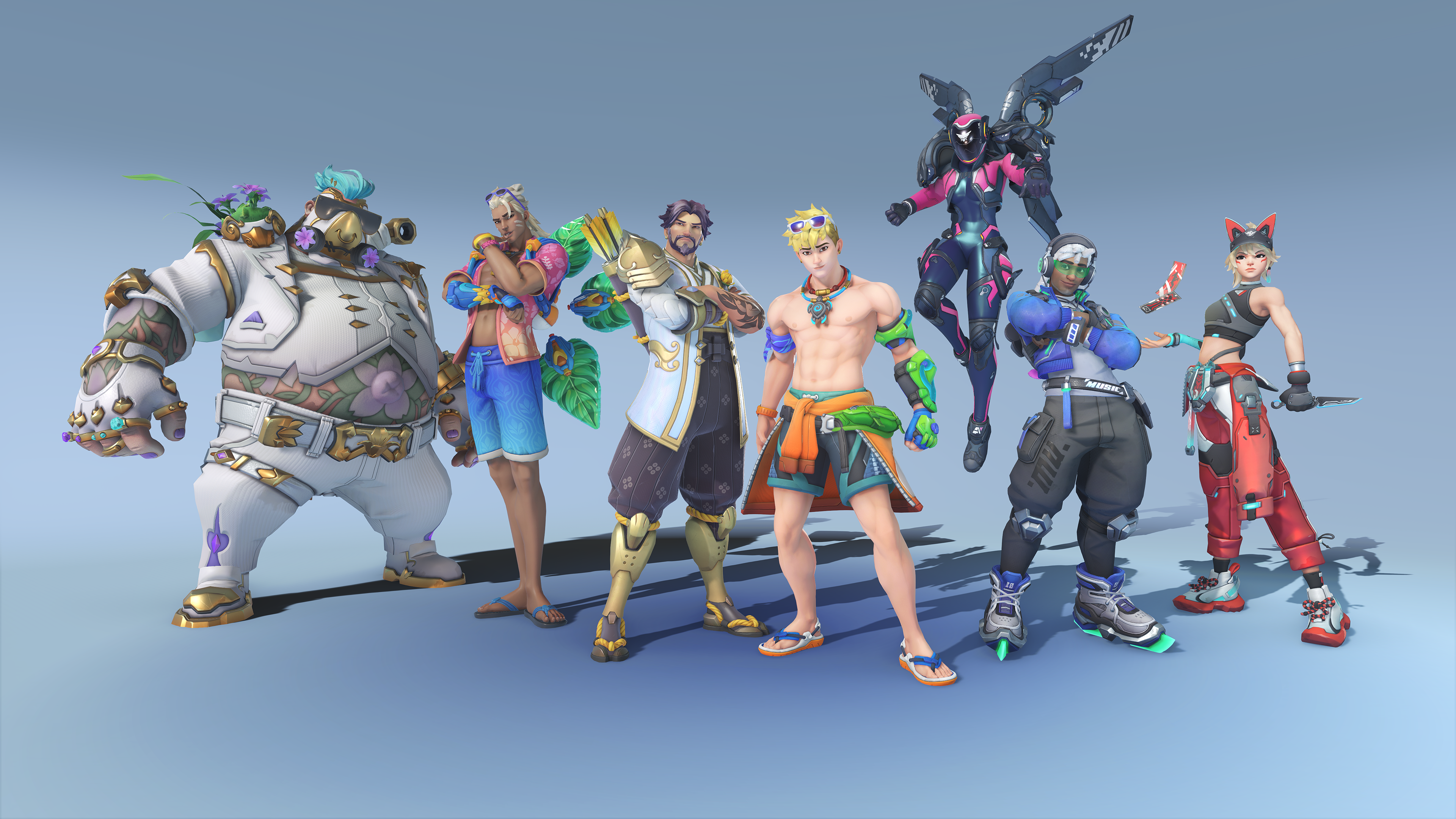 Several Overwatch 2 heroes wearing season 18 skins on a light blue background. From left to right: Roadhog is wearing a posh white suit and pants, Lifeweaver is in blue swim shorts, Hanzo has a gold and white coat, Wuyang is shirtless with shorts, Pharah has armor that looks like a biker suit, Lucio has a blue jacket and grey pants, and Kiriko is wearing a grey vest with orange pants.