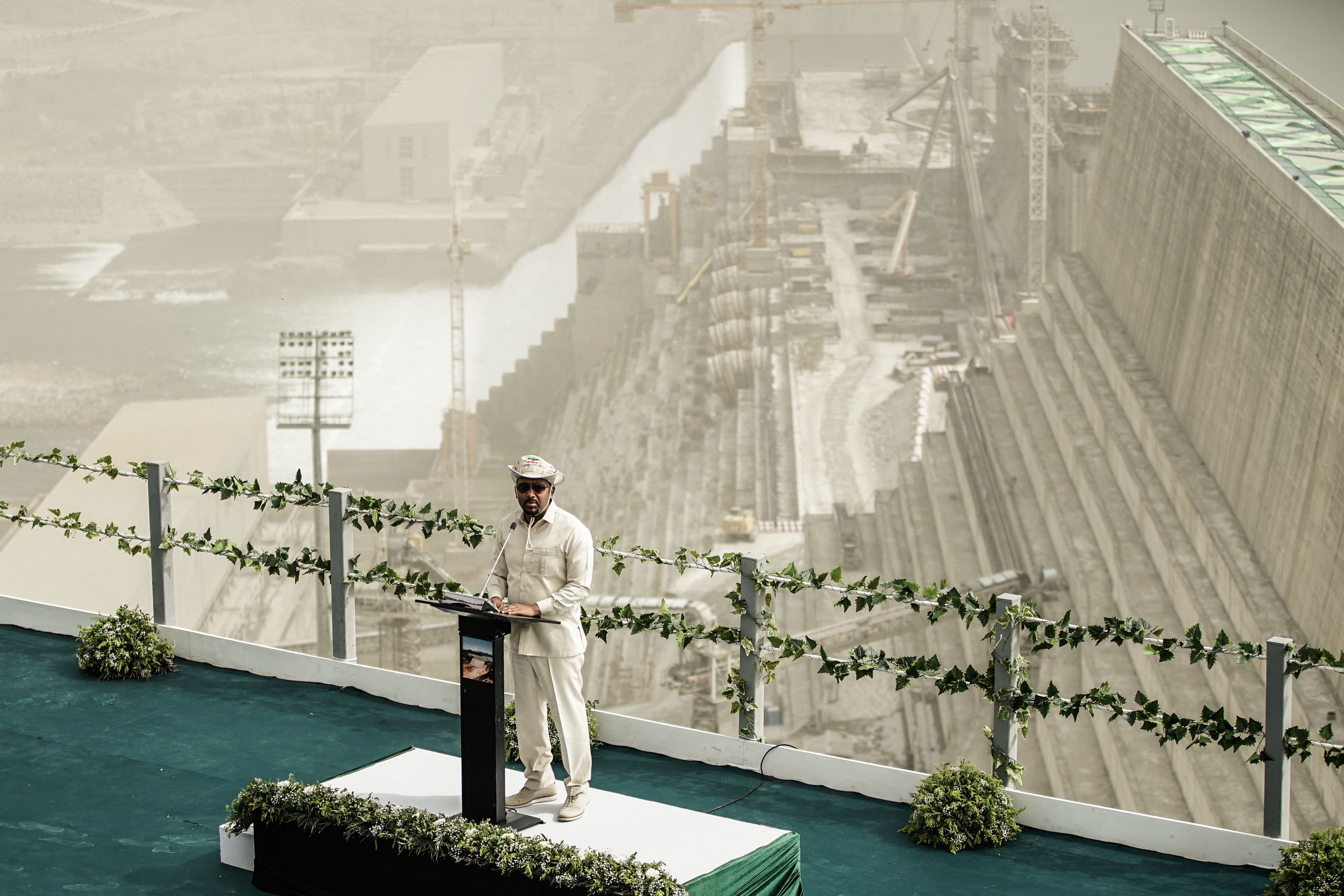 Ethiopia's Prime Minister Abiy Ahmed speaks during the first power generation ceremony at the site of the Grand Ethiopian Renaissance Dam (GERD) in Guba, Ethiopia, on February 20, 2022.