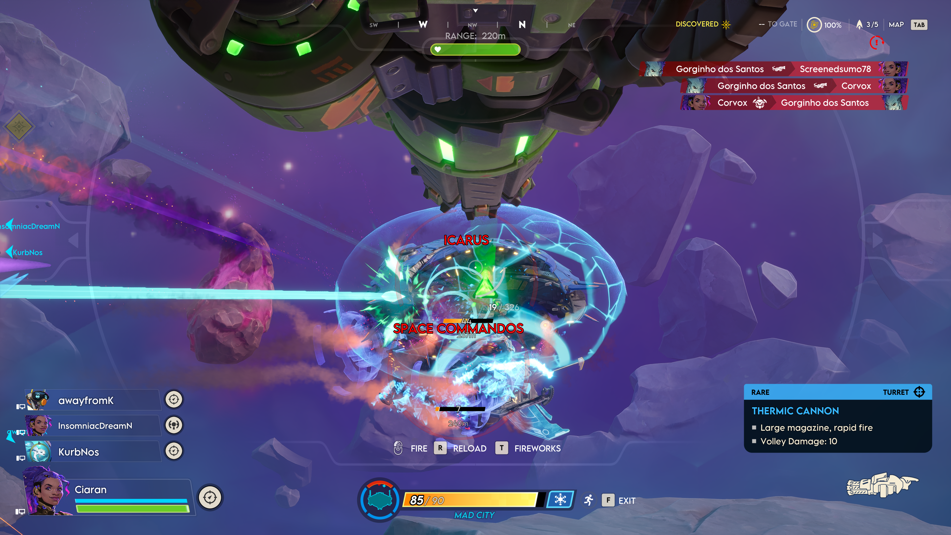 The view from a turret in Wildgate with an enemy ship in its sights. Its blue shield is cracked as lasers fire toward it.