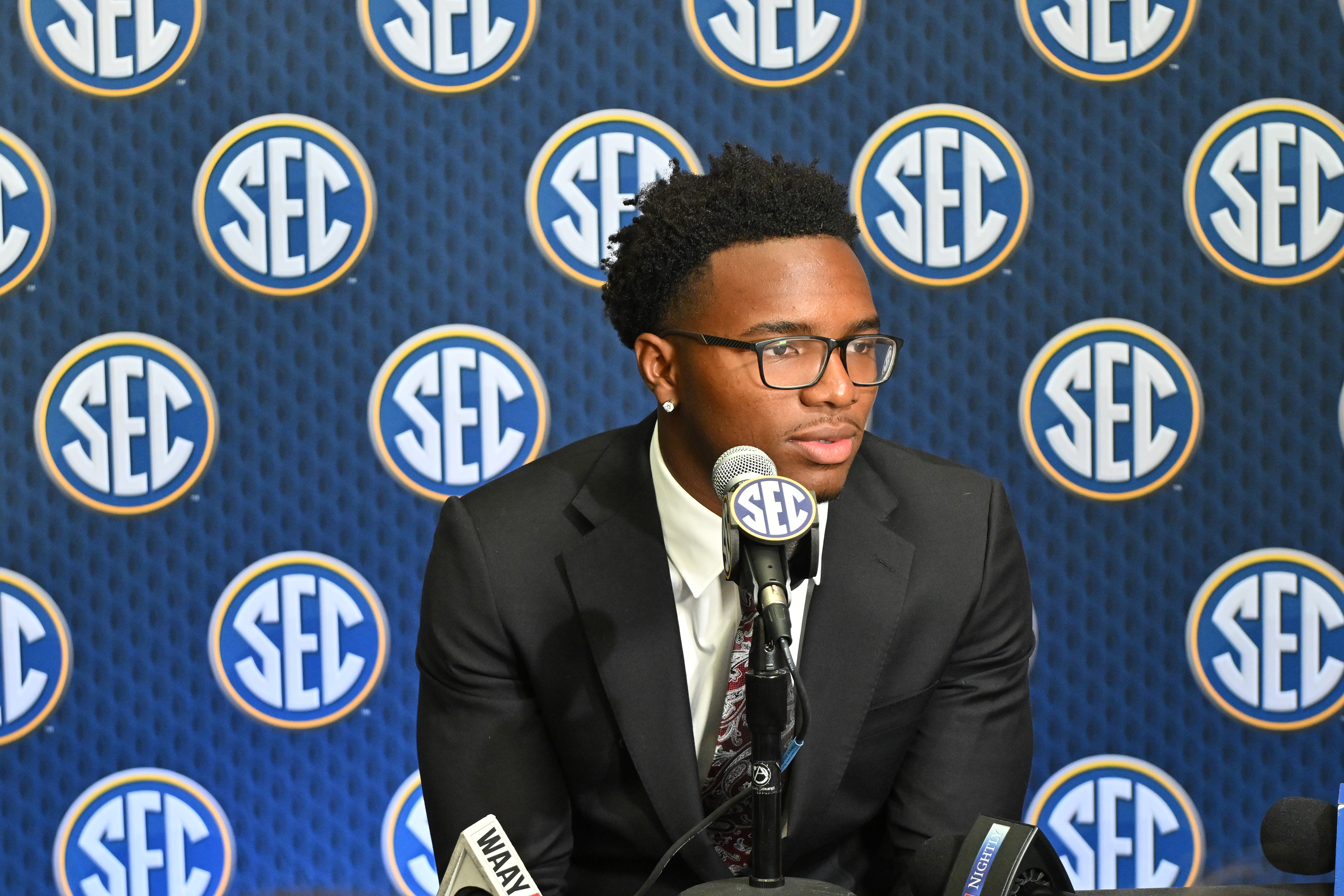 ATLANTA, GA - JULY 14: South Carolina Gamecocks quarterback LaNorris Sellers (16) addresses the media during SEC Football Media Days on July 14, 2025, at the College Football Hall of Fame in Atlanta, GA. (Photo by Jeffrey Vest/Icon Sportswire via Getty Images)