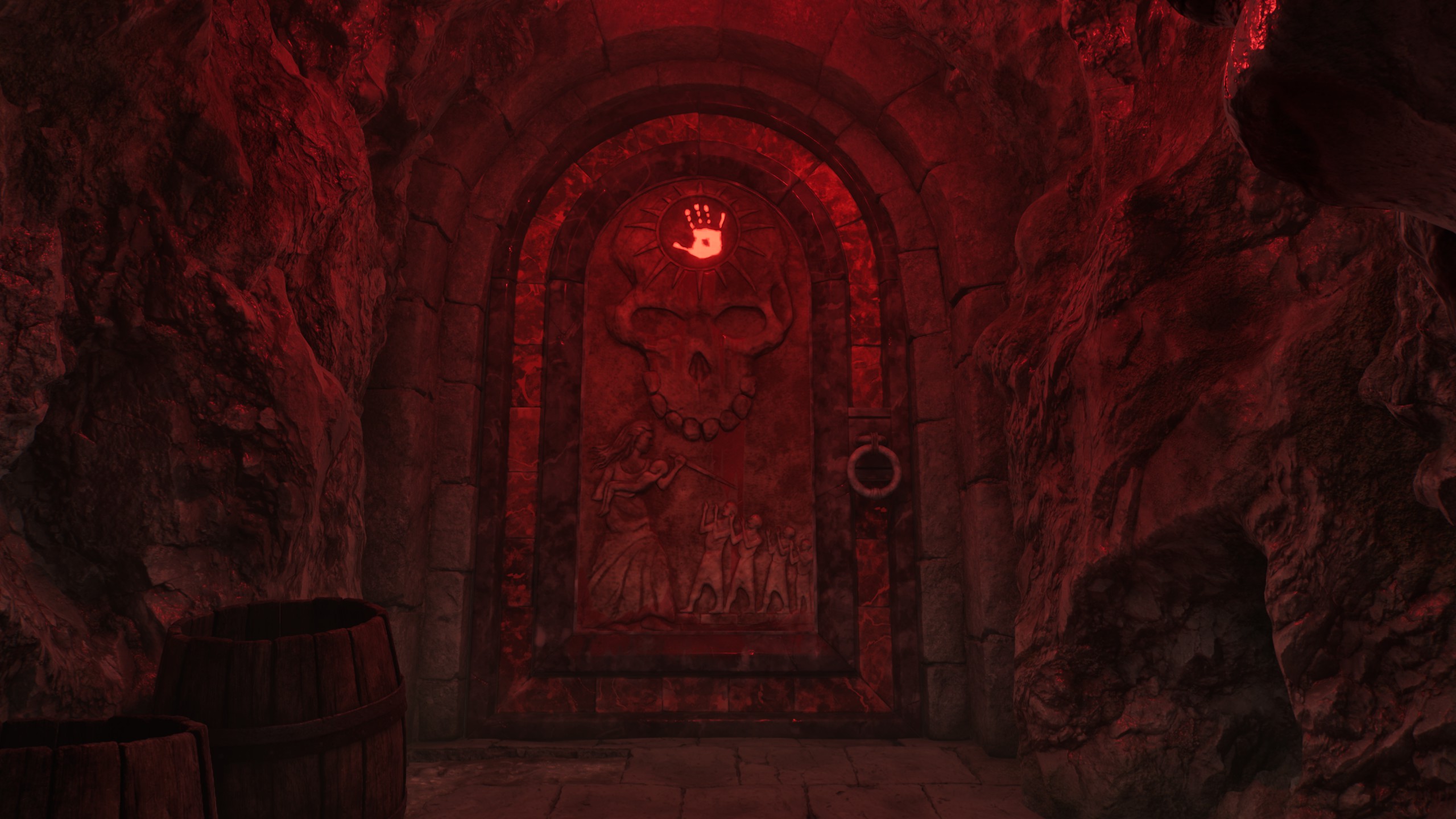 The Dark Brotherhood door, bathed in red light and featuring a lore-accurate five children.