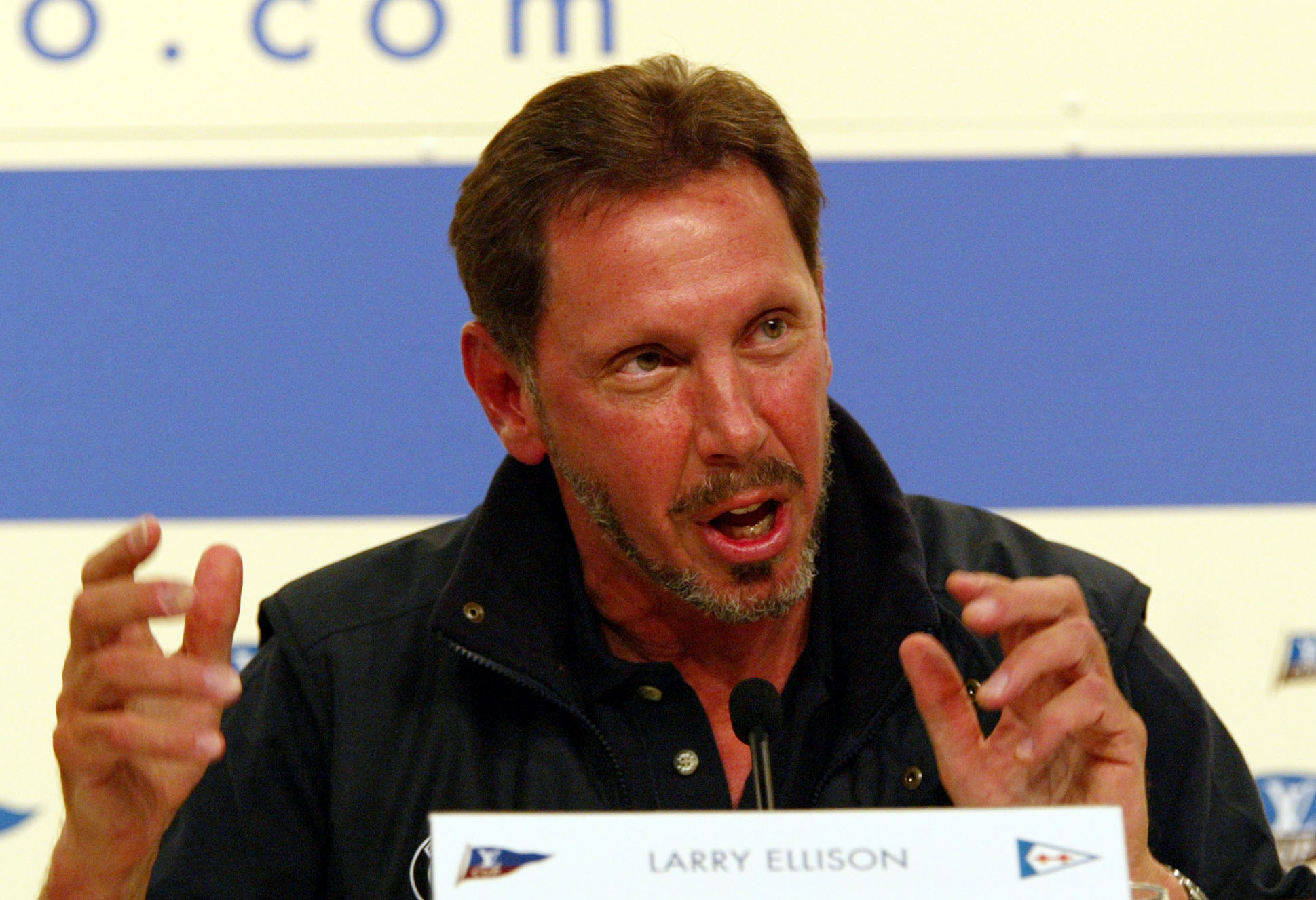 AUCKLAND, NEW ZEALAND - OCTOBER 24: Americas cup syndicate head Larry Ellison, Oracle, USA,rnspeaks to the media during a press conference after Chris Dickson replaced Peter Holmberg at the Helm of Oracle during round 2 of the Louis Vuitton cup, Thursday. (Photo by Michael Bradley/Getty Images)