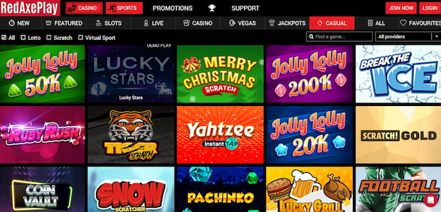 Screenshot of RedAxePlay casino games.