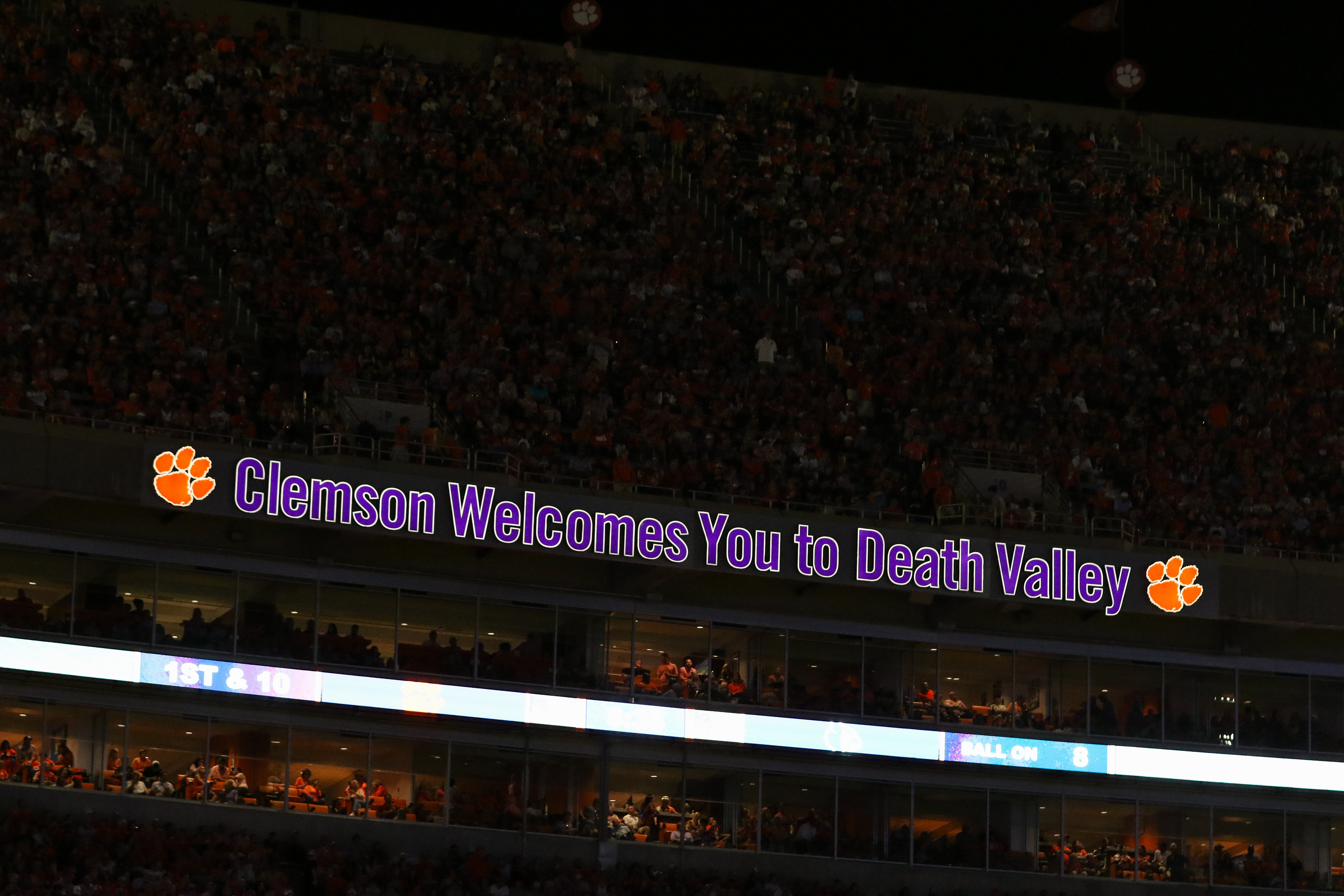 CLEMSON, SOUTH CAROLINA - NOVEMBER 2: Clemson Welcomes You to Death Valley is shown on signage as the Louisville Cardinals take on the Clemson Tigers at Memorial Stadium on November 2, 2024 in Clemson, South Carolina. (Photo by Isaiah Vazquez/Getty Images)