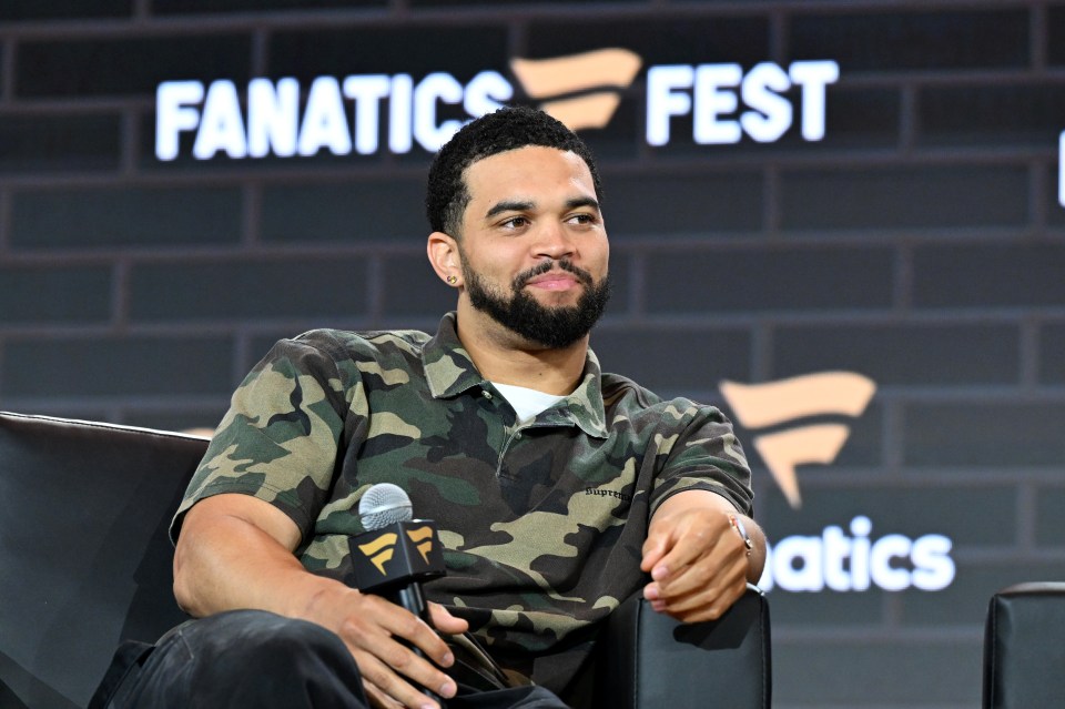 NEW YORK, NEW YORK - JUNE 20: Caleb Williams speaks onstage for the Franchise Faces panel during Fanatics Fest NYC 2025 at Javits Center on June 20, 2025 in New York City. (Photo by Slaven Vlasic/Getty Images)