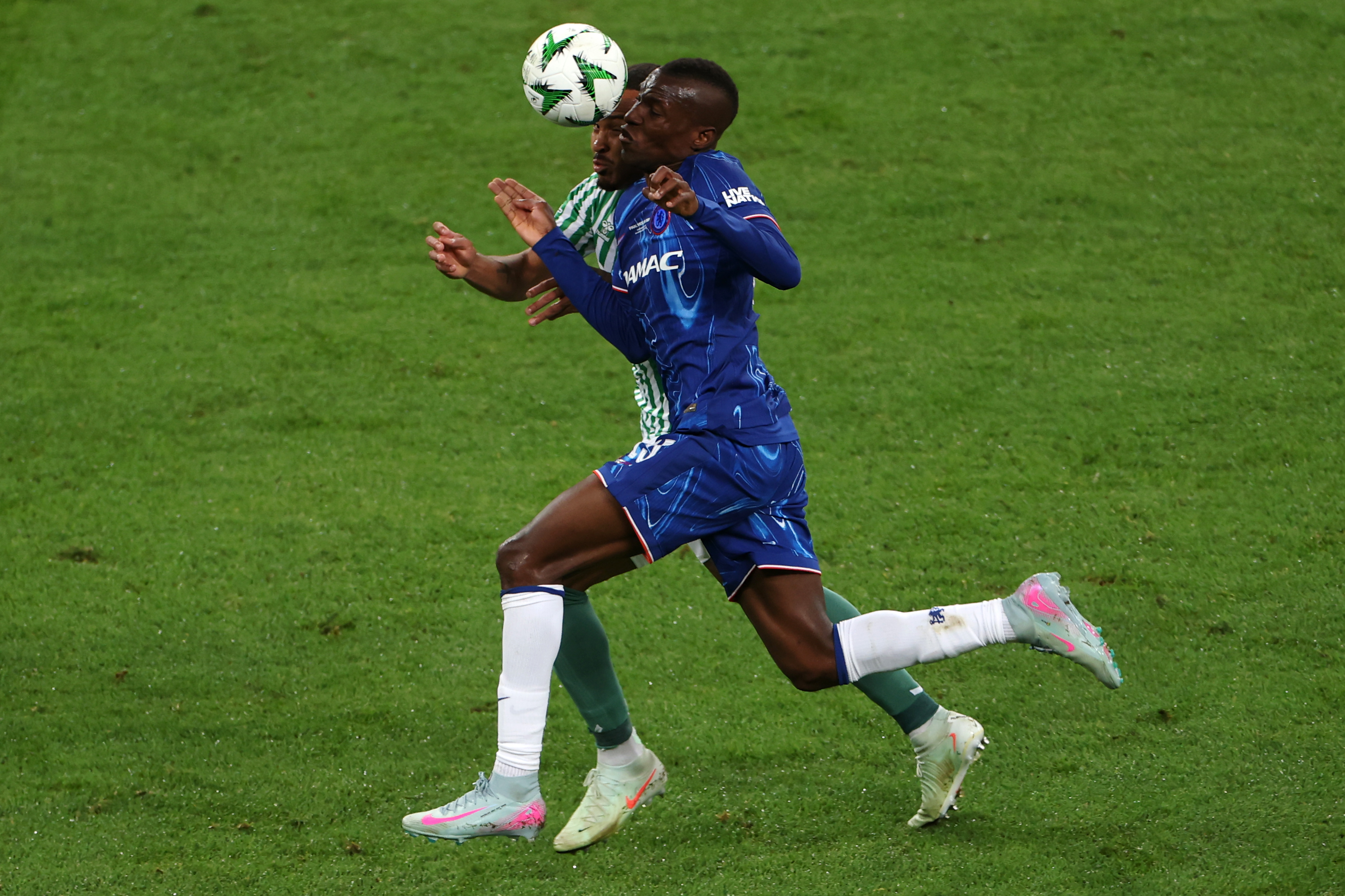WROCLAW, POLAND - MAY 28: Nicolas Jackson of Chelsea is challenged by Natan of Real Betis during the UEFA Conference League Final 2025 between Real Betis Balompie and Chelsea FC at Stadion Wroclaw on May 28, 2025 in Wroclaw, Poland. (Photo by Dean Mouhtaropoulos/Getty Images)