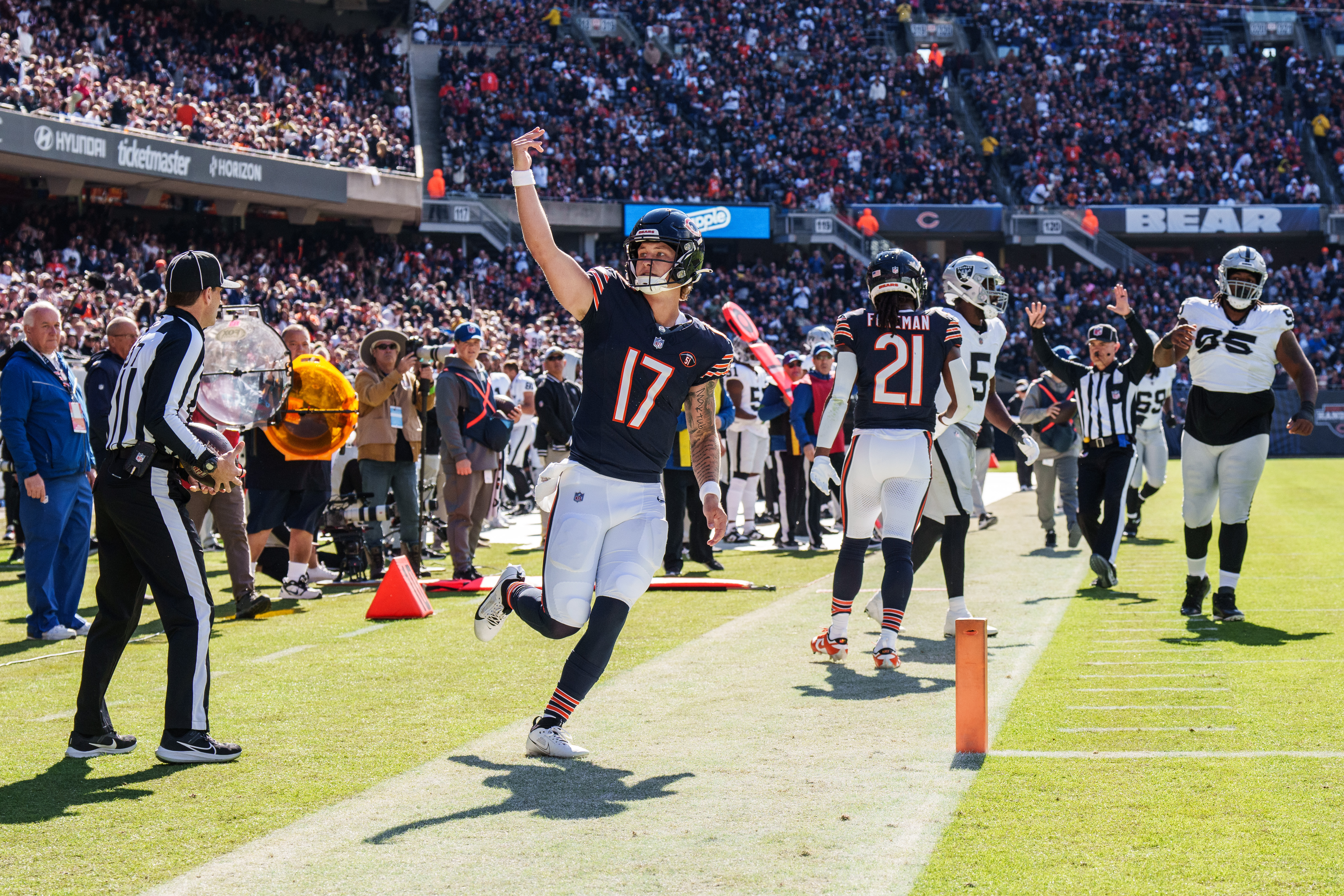CHICAGO, IL - OCTOBER 22: Quarterback Tyson Bagent #17 of the Chicago Bears gestures to the fans during an NFL football game against the Las Vegas Raiders at Soldier Field on October 22, 2023 in Chicago, Illinois. (Photo by Todd Rosenberg/Getty Images)