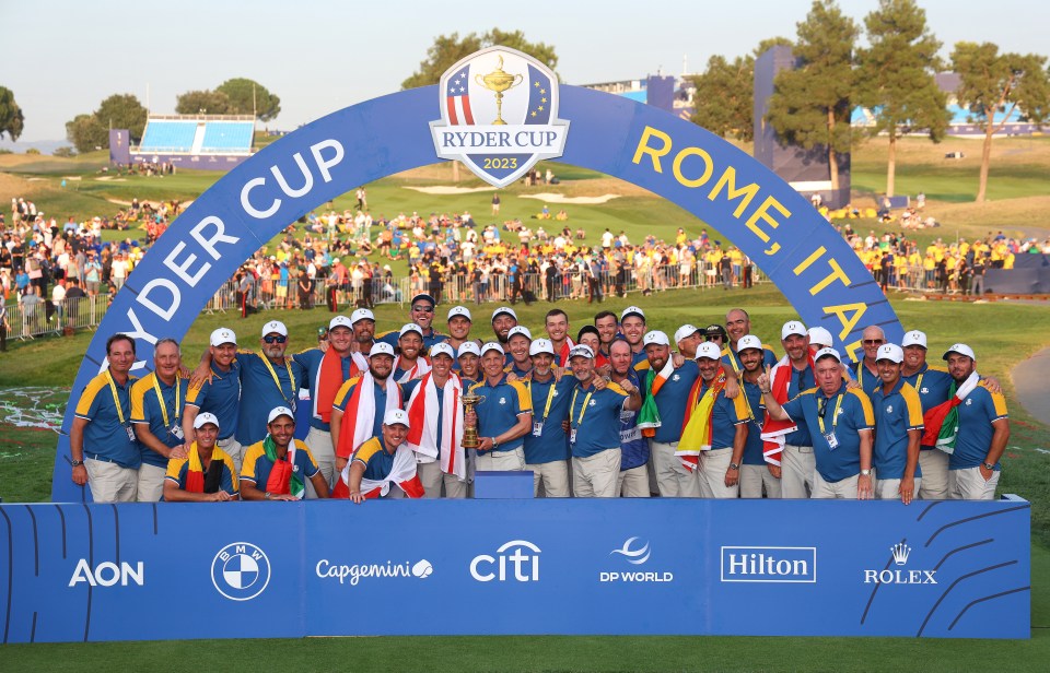 ROME, ITALY - OCTOBER 01: Luke Donald, Captain of Team Europe, lifts the Ryder Cup trophy following victory with 16 and a half to 11 and a half win during the 2023 Ryder Cup at Marco Simone Golf Club on October 01, 2023 in Rome, Italy. (Photo by Andrew Redington/Getty Images)