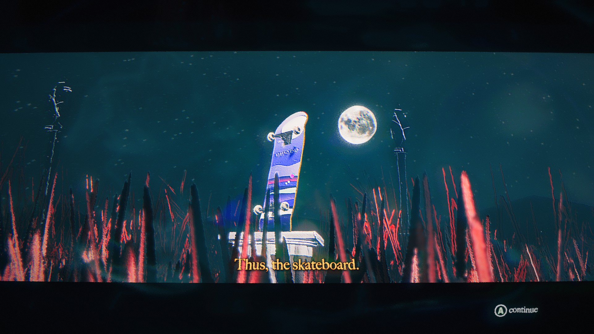 A skateboard rests on a pedestal beneath a bright moon. On-screen text narration reads, 