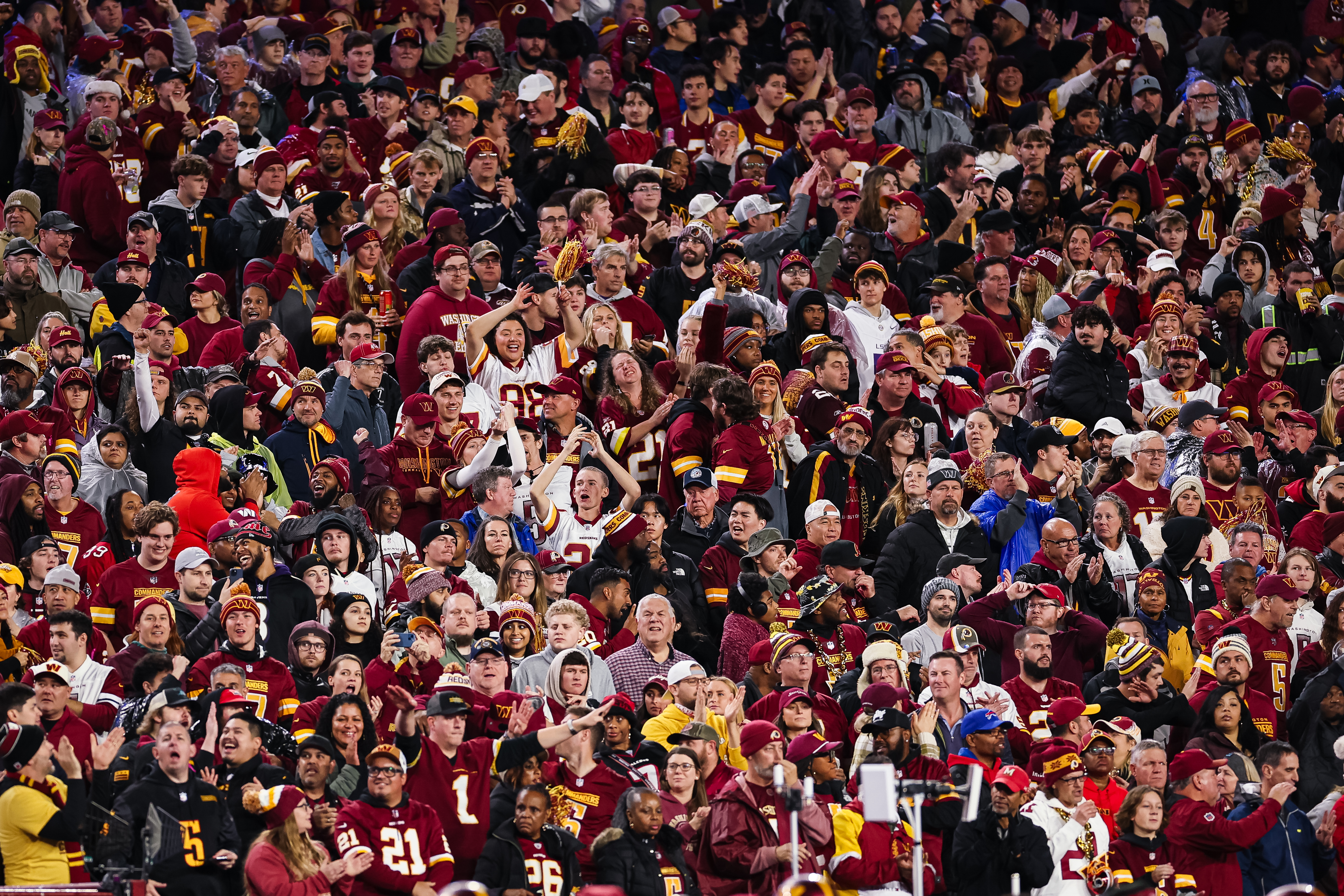 LANDOVER, MD - DECEMBER 29: A general view as fans cheer during the second half of the game between the Washington Commanders and the Atlanta Falcons at Northwest Stadium on December 29, 2024 in Landover, Maryland. (Photo by Scott Taetsch/Getty Images)