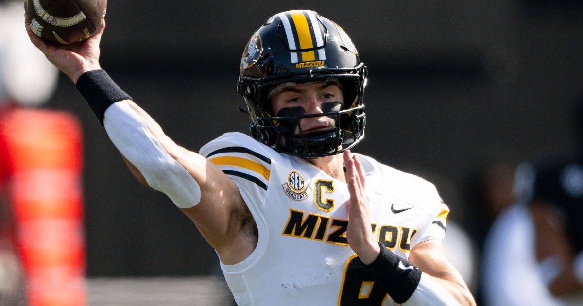 Oct 25, 2025; Nashville, Tennessee, USA; Missouri Tigers quarterback Beau Pribula (9) throws a pass during pre-game warmups against the Vanderbilt Commodores during the first half at FirstBank Stadium. Mandatory Credit: Steve Roberts-Imagn Images