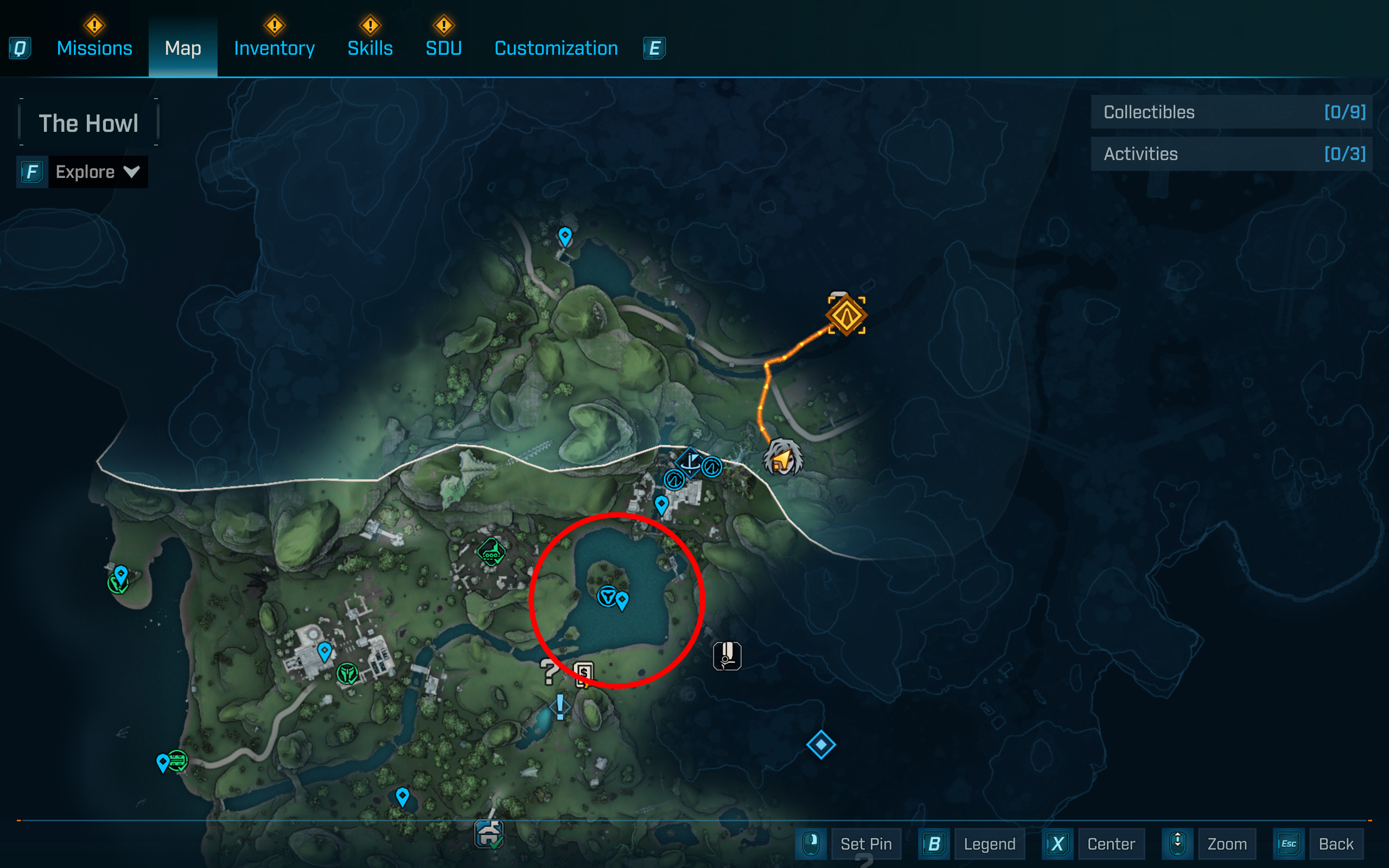 Borderlands 4 Slippy location: A map with a red circle highlighting the Fishin' Spot location where you can farm the Slippy legendary fish grenade.