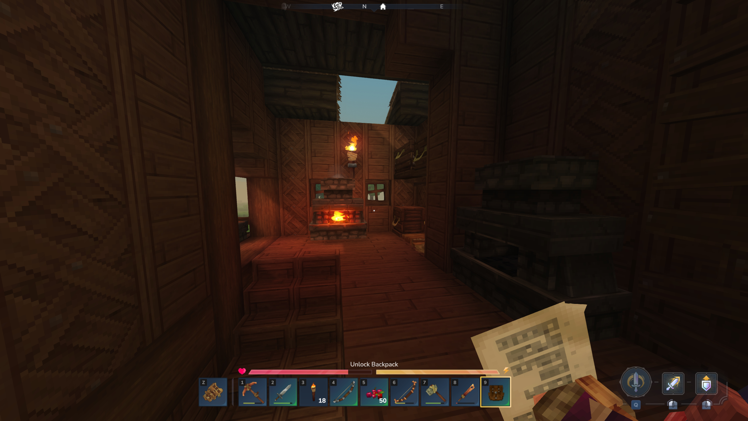 Hytale backpack: A player holding backpack consumable in their hands inside their wooden house.