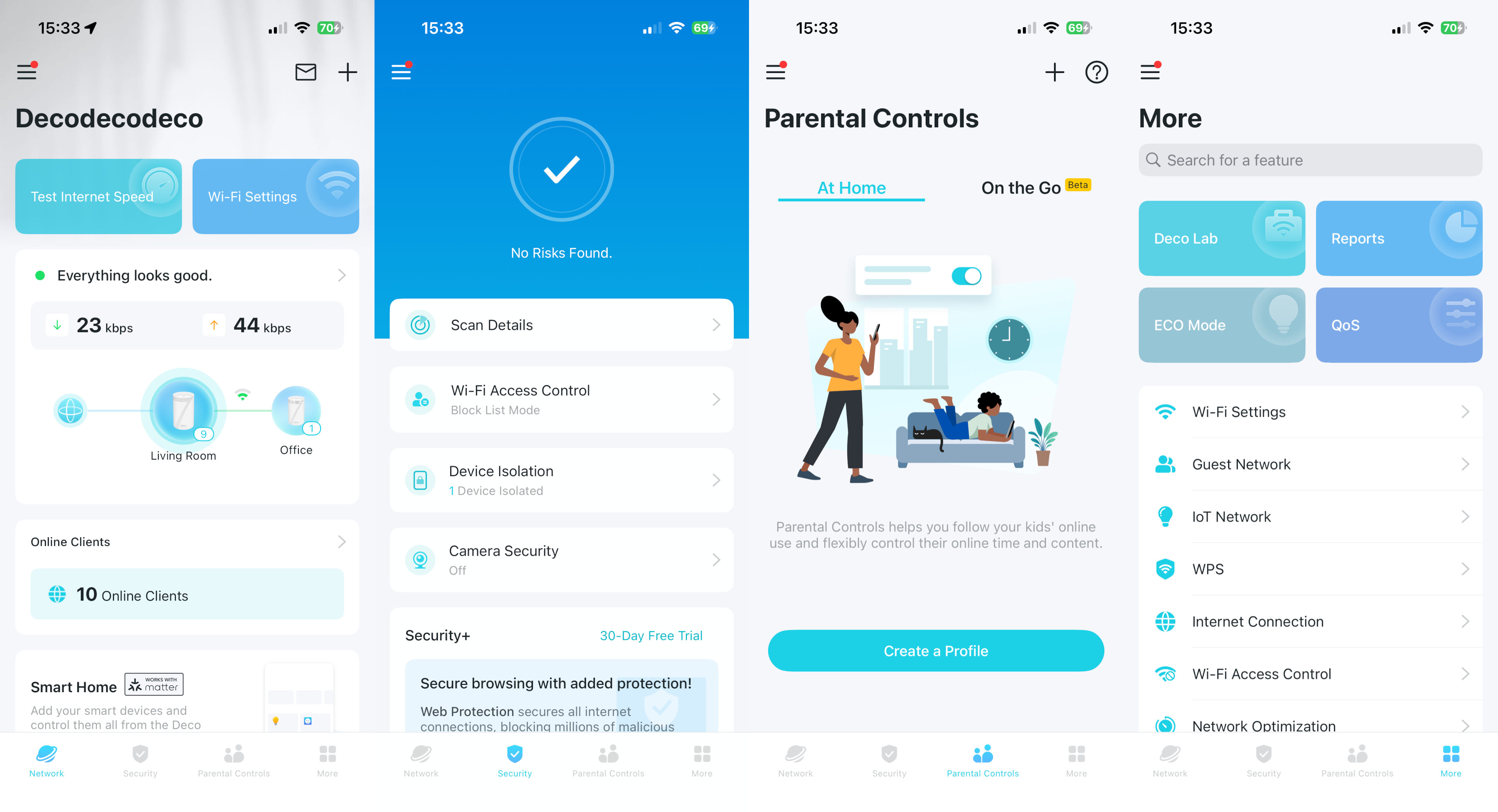 A composite image showing multiple screenshots of the TP-Link Deco phone app.