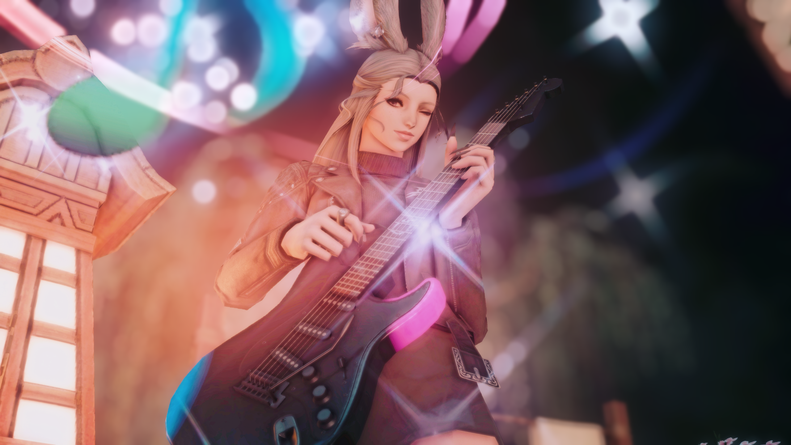 A Viera playing the guitar in Final Fantasy 14