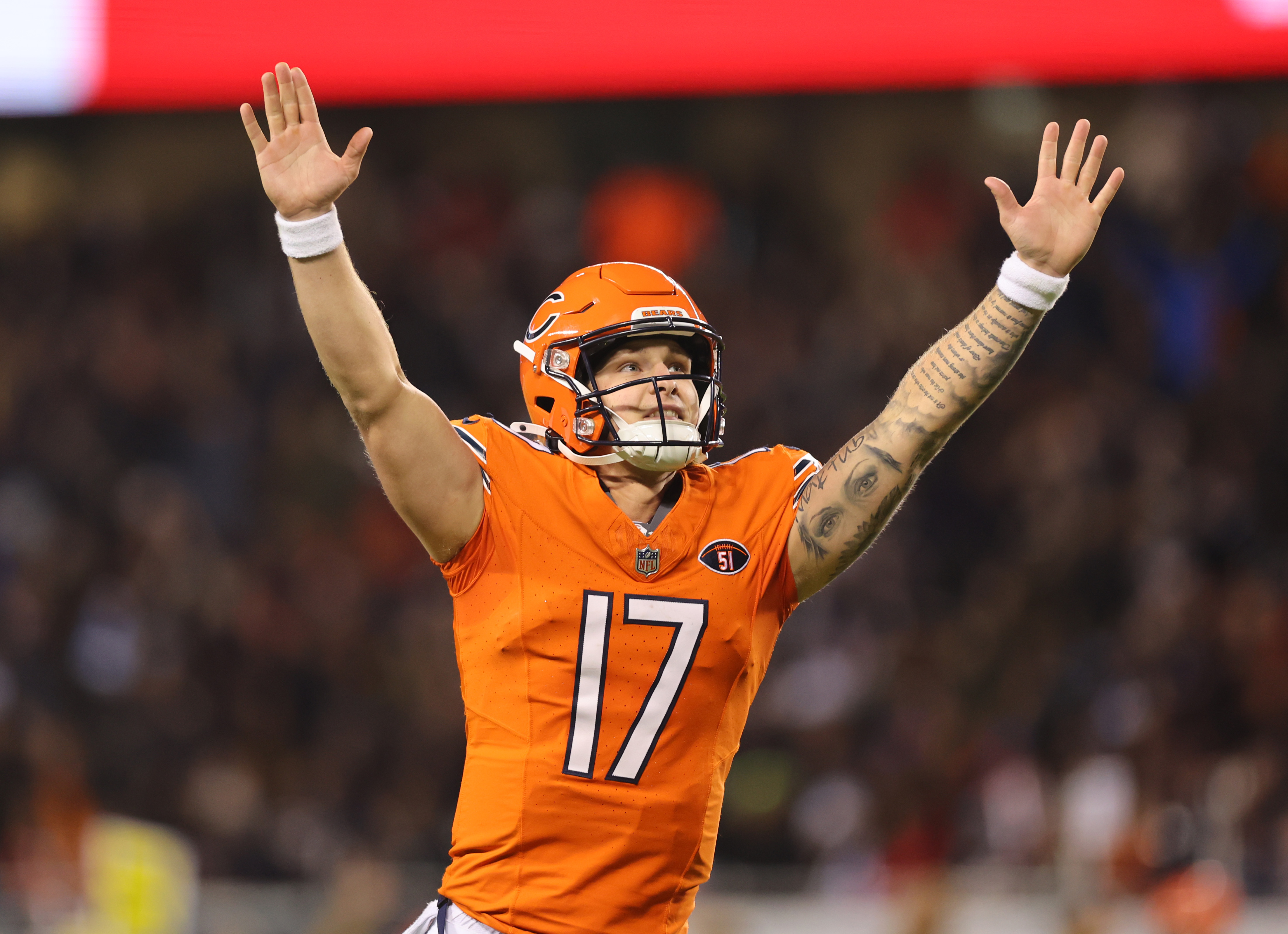 CHICAGO, ILLINOIS - NOVEMBER 09: Tyson Bagent #17 of the Chicago Bears celebrates after a touchdown by D'Onta Foreman #21 during the third quarter against the Carolina Panthers at Soldier Field on November 09, 2023 in Chicago, Illinois. (Photo by Michael Reaves/Getty Images)
