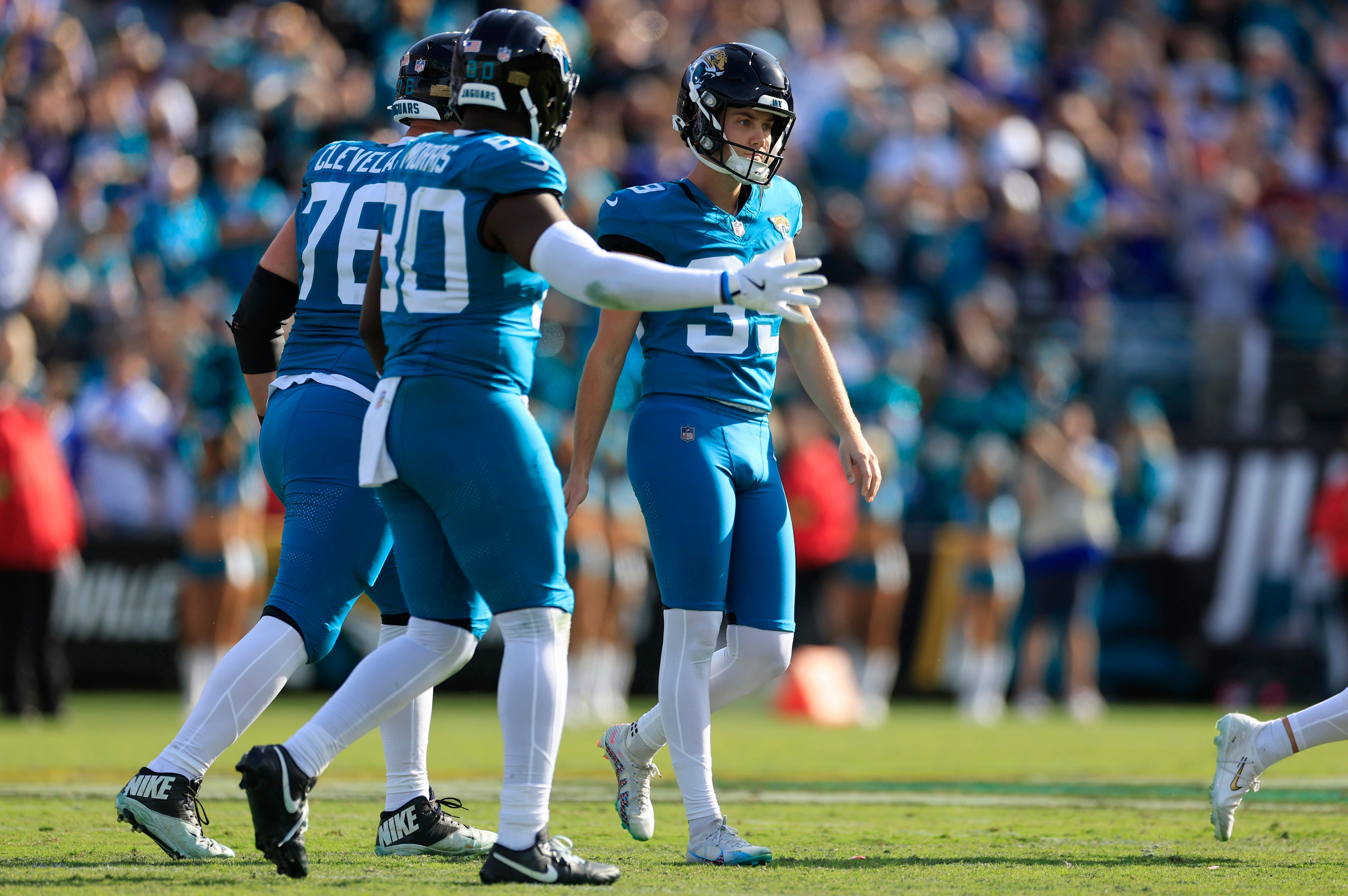 Jacksonville Jaguars place kicker Cam Little (39) reacts to his missed field goal just before the half during the second quarter of an NFL football AFC Wild Card playoff matchup, Sunday, Jan. 11, 2026, in Jacksonville, Fla. The Bills defeated the Jaguars 27-24. [Corey Perrine/Florida Times-Union]