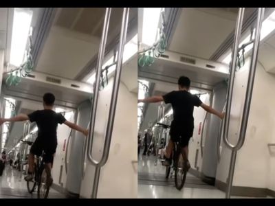 捷運車廂內耍特技！屁猴坐單車椅「來回嚕」　馬戲團練平衡影片曝