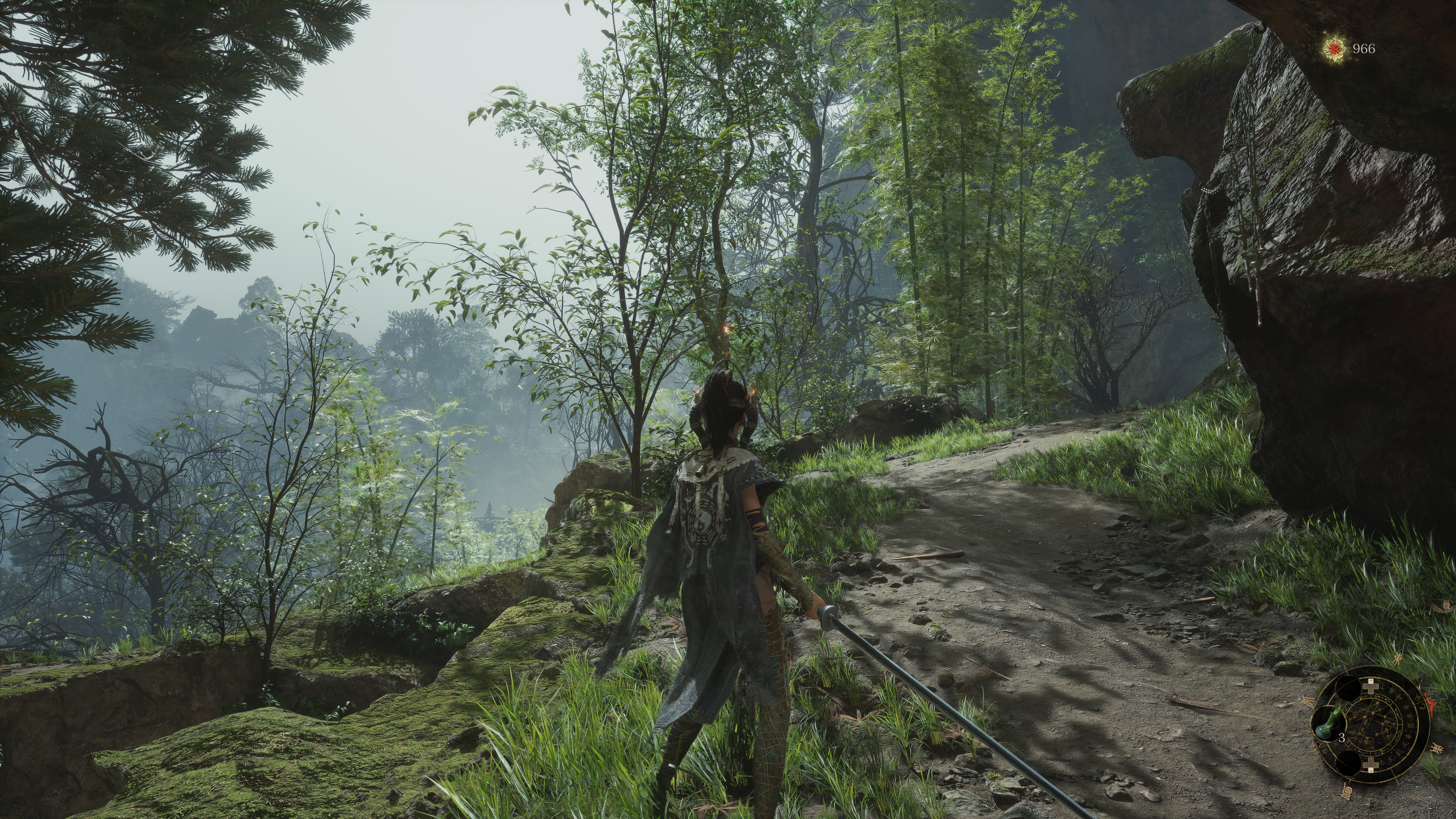 The main character of Wuchang: Fallen Feathers stands in a bright forest with a dirt path leading up a mountain