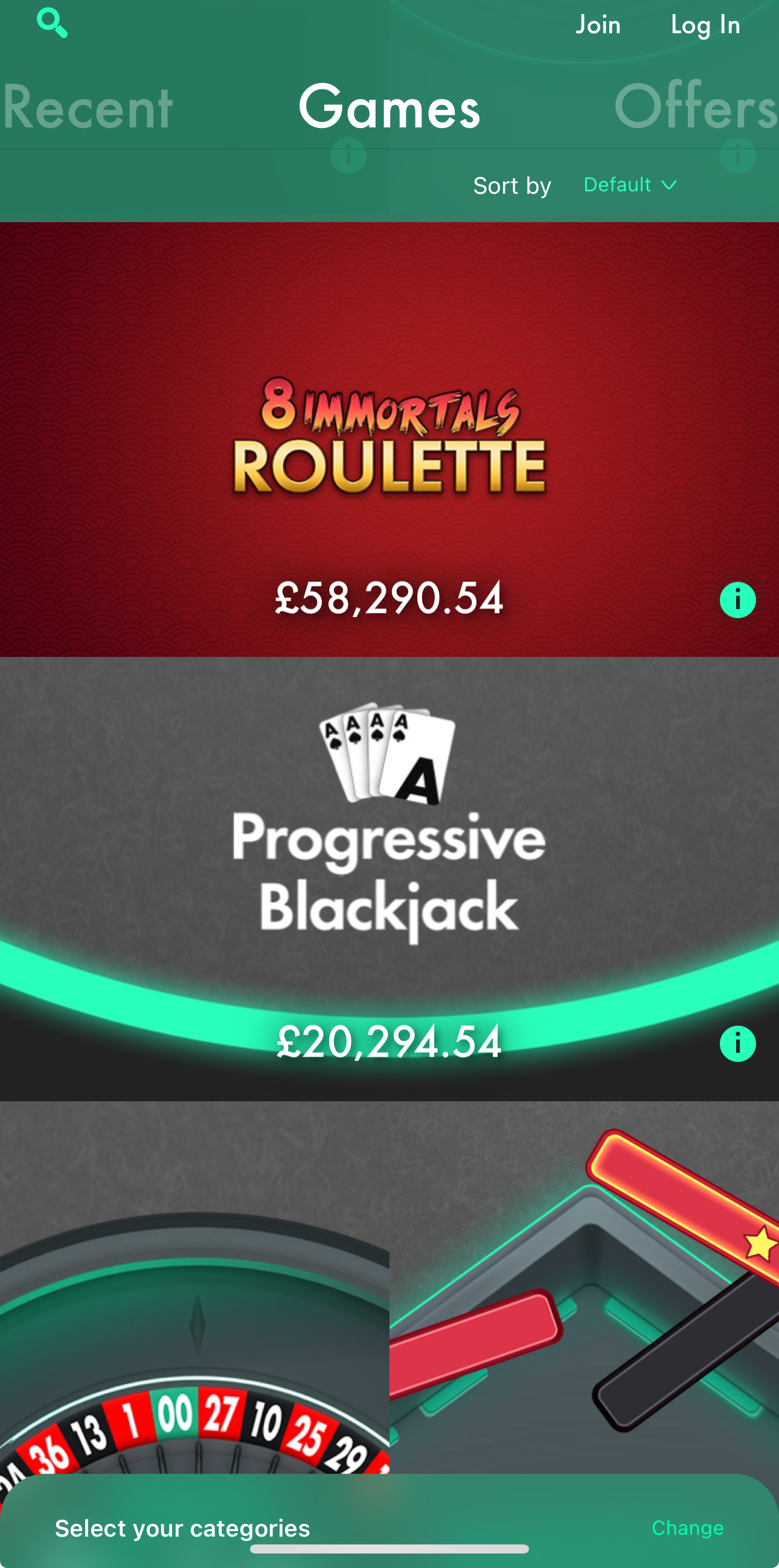 bet365 app showing jackpot amounts for roulette and blackjack.